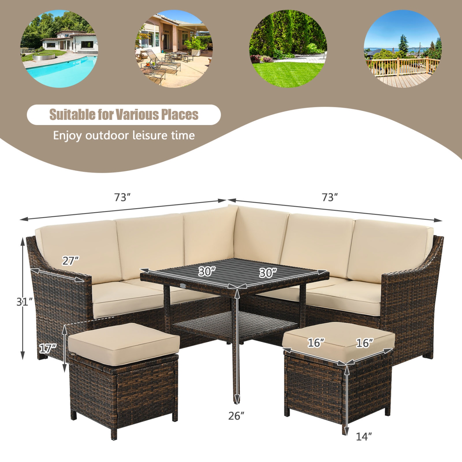 Topbuy 6PCS Patio Rattan Furniture Set All-Weather Sectional Cushioned Sofa Ottoman Dining Table Lower Shelf