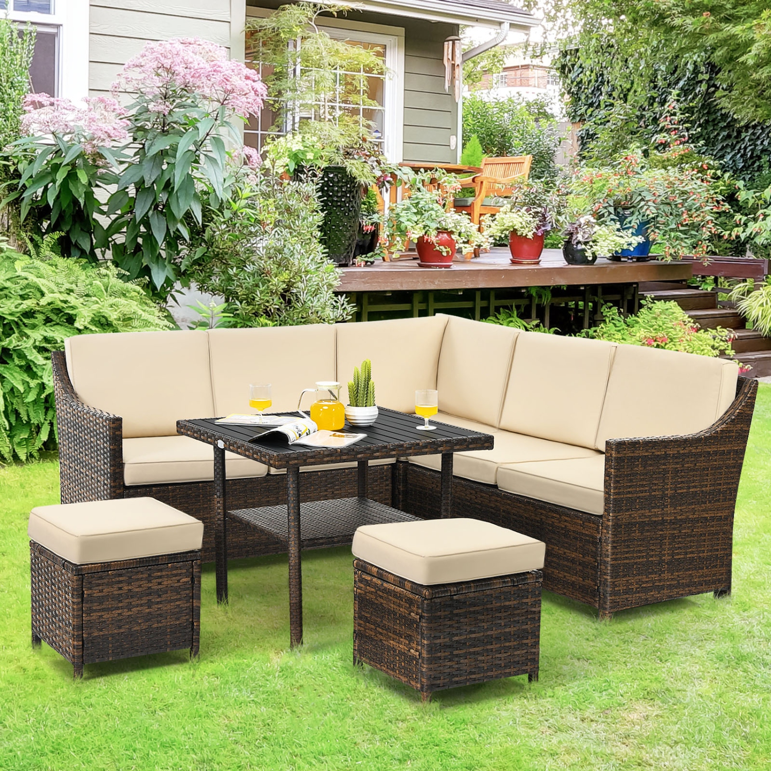 Topbuy 6PCS Patio Rattan Furniture Set All-Weather Sectional Cushioned Sofa Ottoman Dining Table Lower Shelf