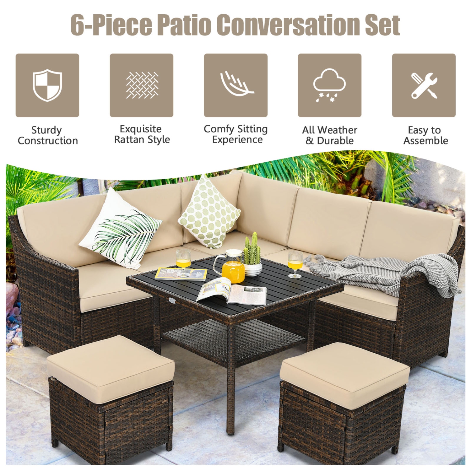 Topbuy 6PCS Patio Rattan Furniture Set All-Weather Sectional Cushioned Sofa Ottoman Dining Table Lower Shelf