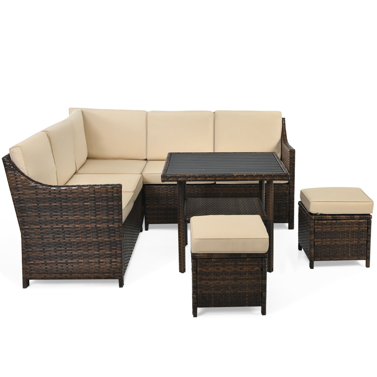 Topbuy 6PCS Patio Rattan Furniture Set All-Weather Sectional Cushioned Sofa Ottoman Dining Table Lower Shelf