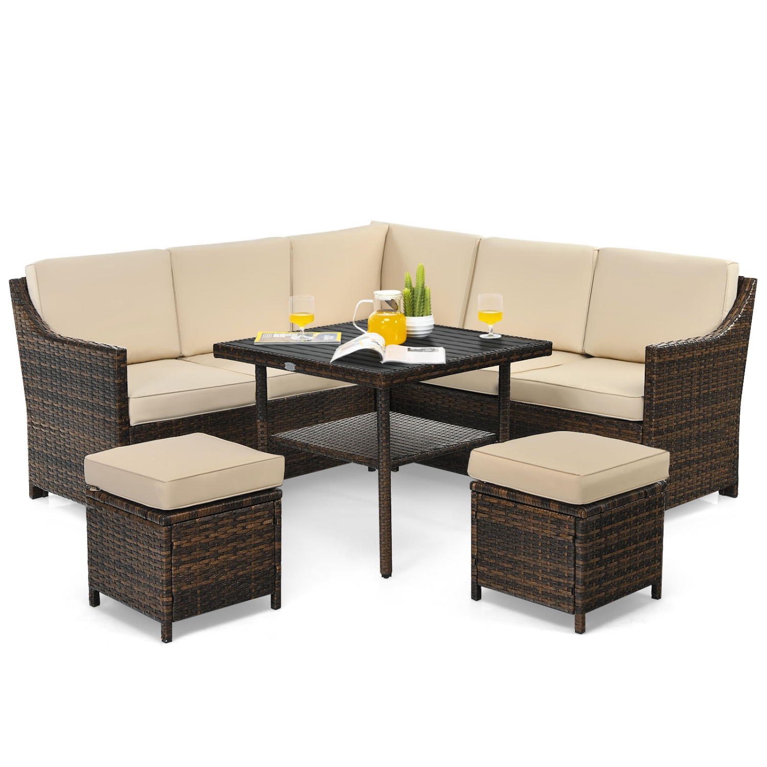 Topbuy 6PCS Patio Rattan Furniture Set All-Weather Sectional Cushioned Sofa Ottoman Dining Table Lower Shelf