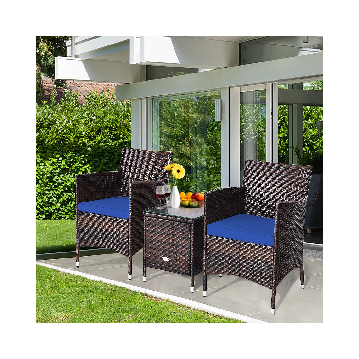 Topbuy 3-Piece Patio Wicker Rattan Furniture Set Conversation Sofa Set with Coffee Table Blue