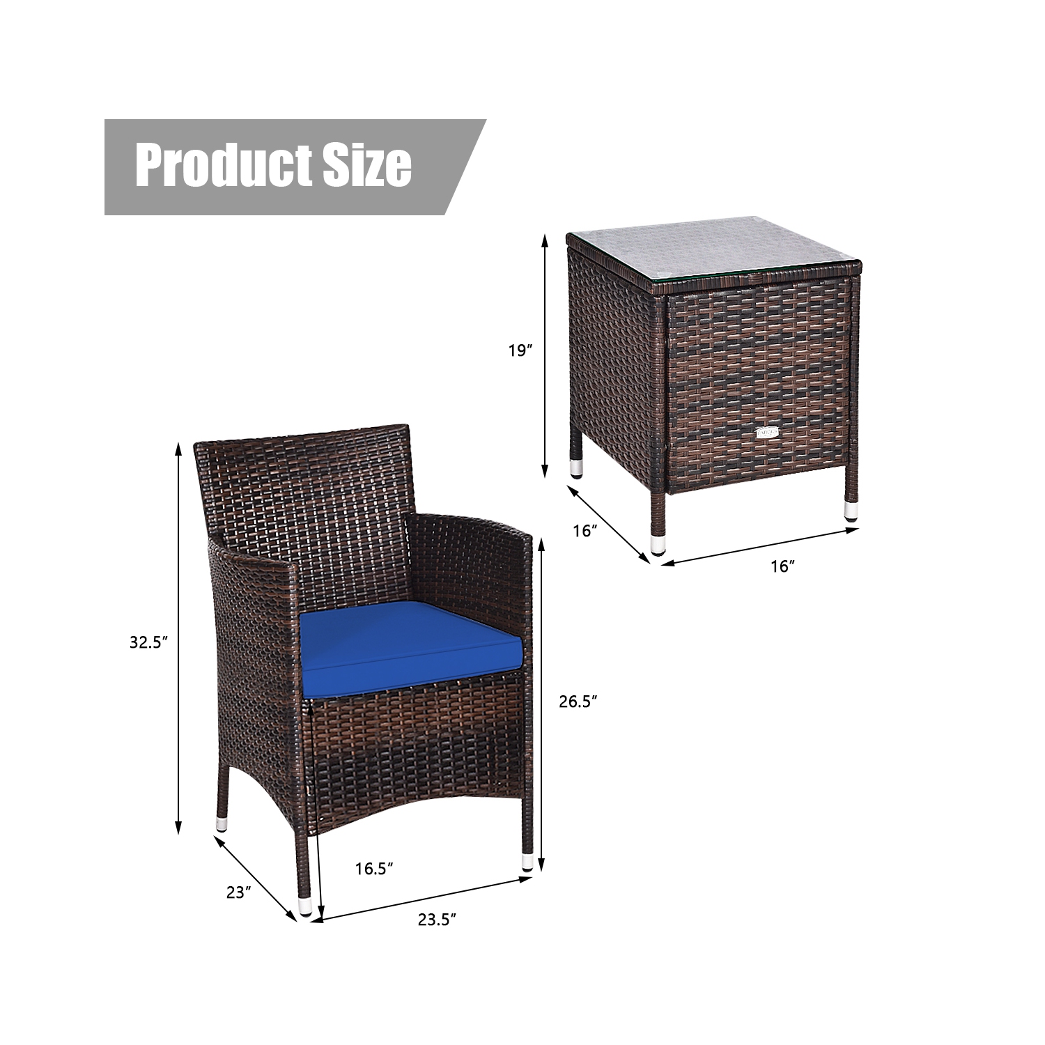 Topbuy 3-Piece Patio Wicker Rattan Furniture Set Conversation Sofa Set with Coffee Table Blue