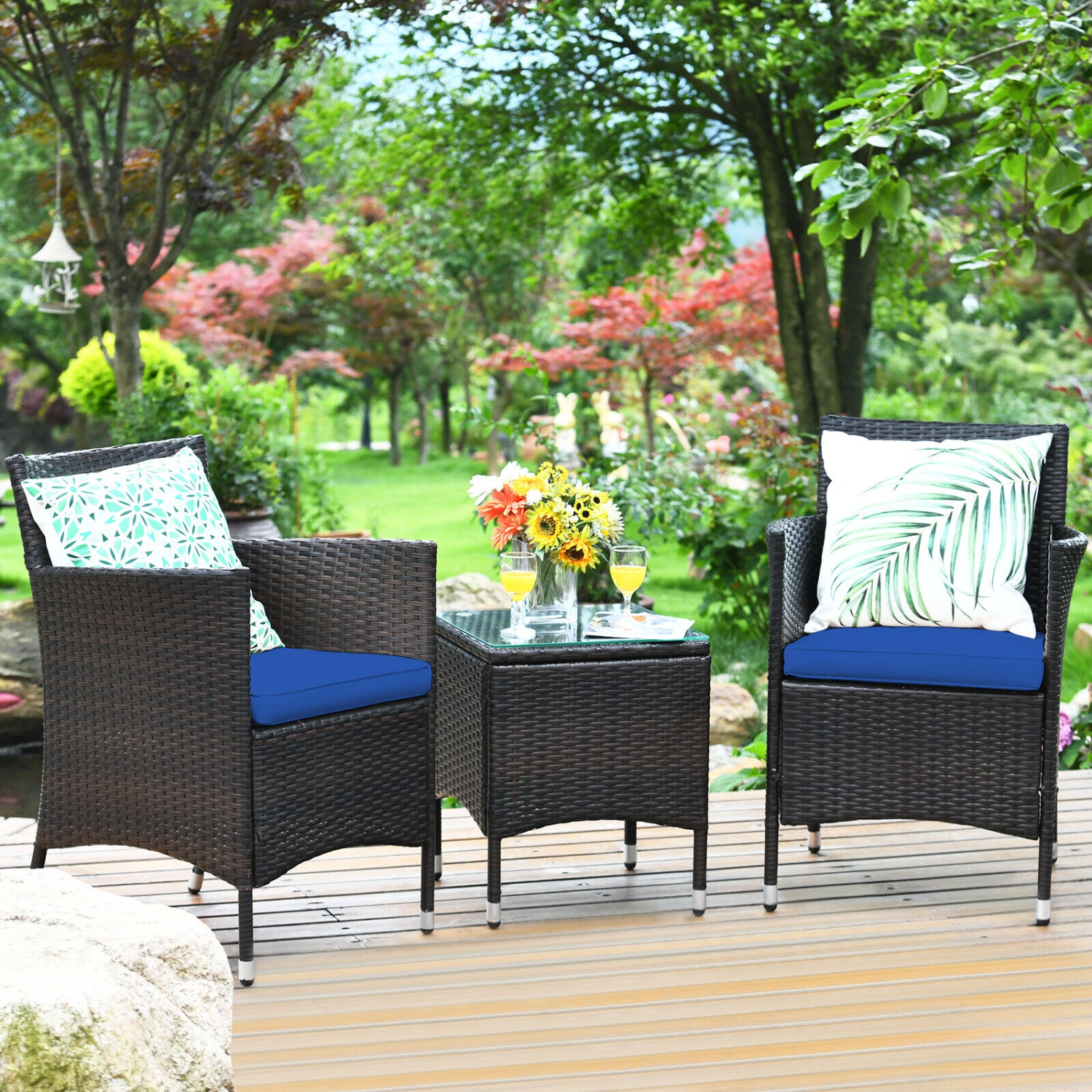 Topbuy 3-Piece Patio Wicker Rattan Furniture Set Conversation Sofa Set with Coffee Table Blue