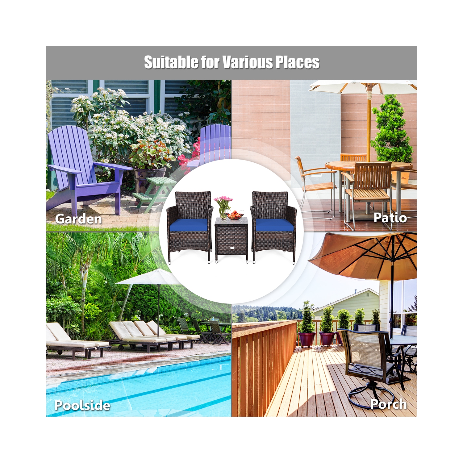 Topbuy 3-Piece Patio Wicker Rattan Furniture Set Conversation Sofa Set with Coffee Table Blue