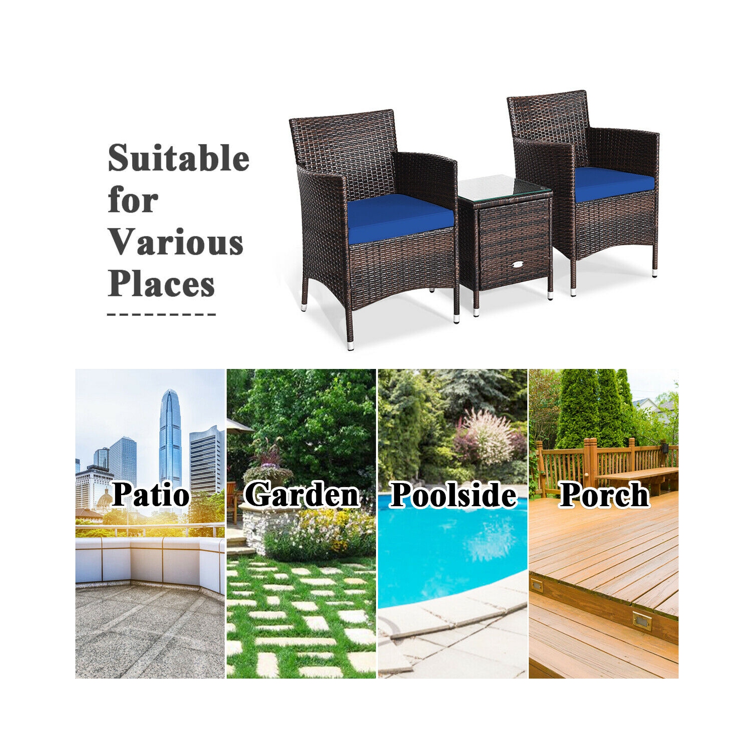 Topbuy 3-Piece Patio Wicker Rattan Furniture Set Conversation Sofa Set with Coffee Table Blue