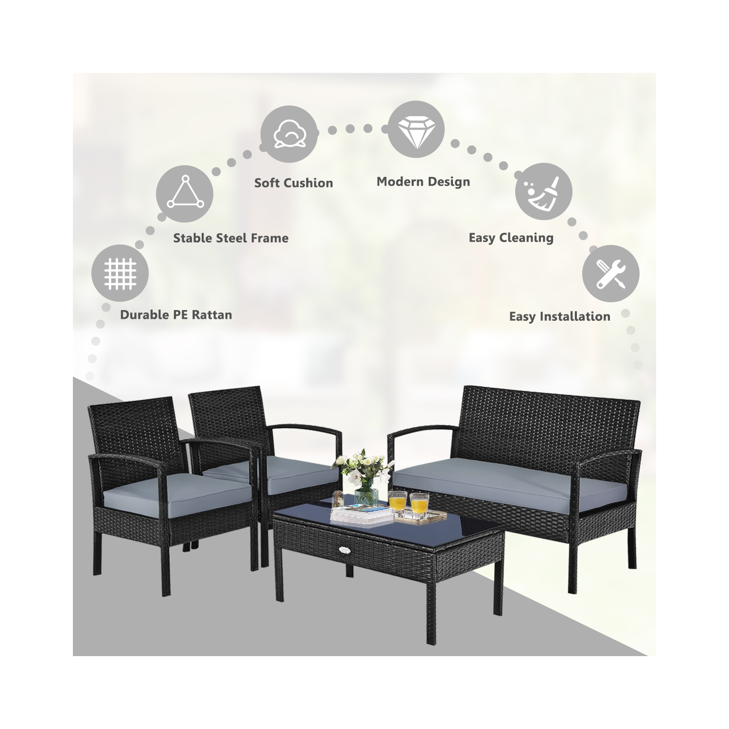 Topbuy 8PCS Rattan Wicker Outdoor Patio Cushioned Sofa Coffee Table Furniture Set