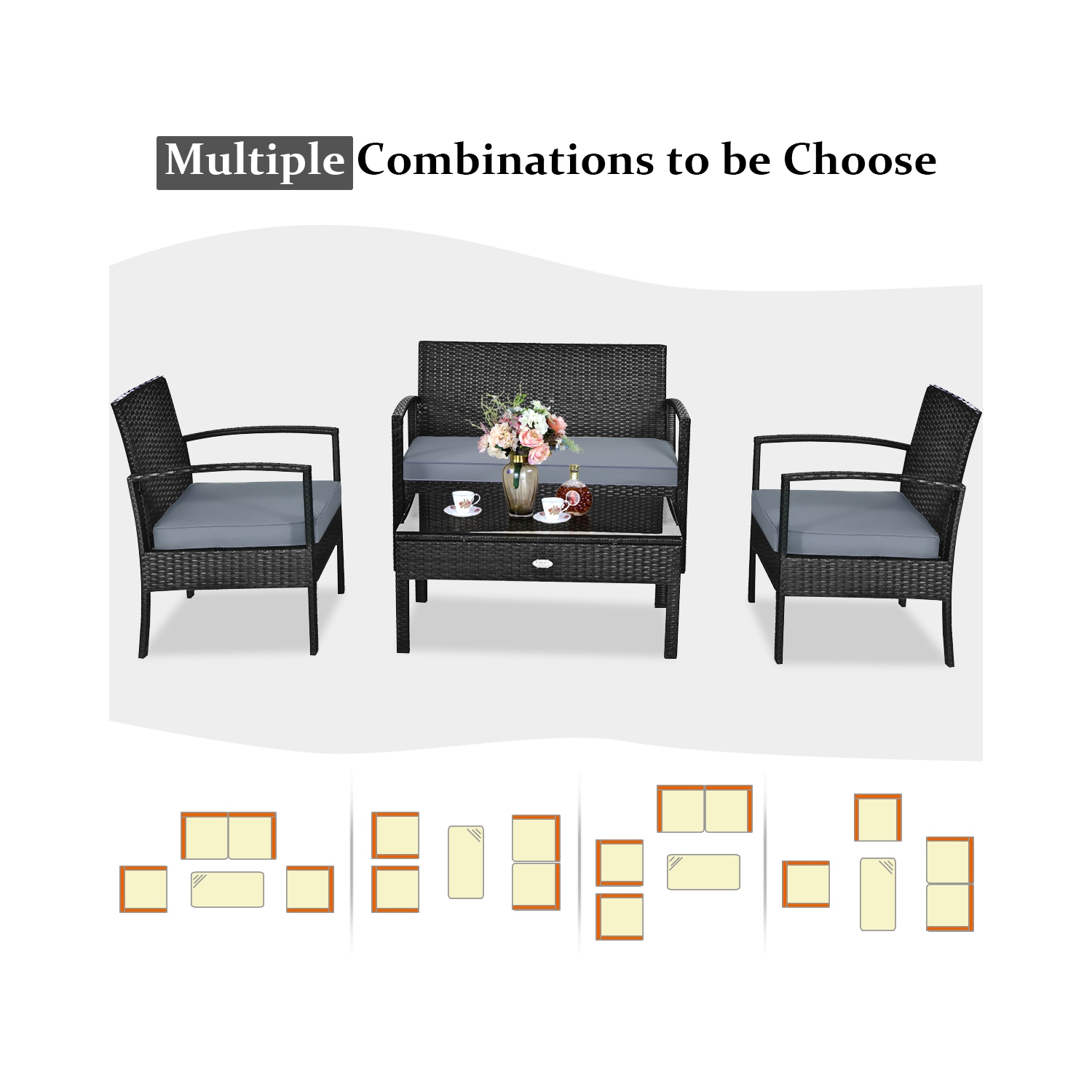 Topbuy 8PCS Rattan Wicker Outdoor Patio Cushioned Sofa Coffee Table Furniture Set