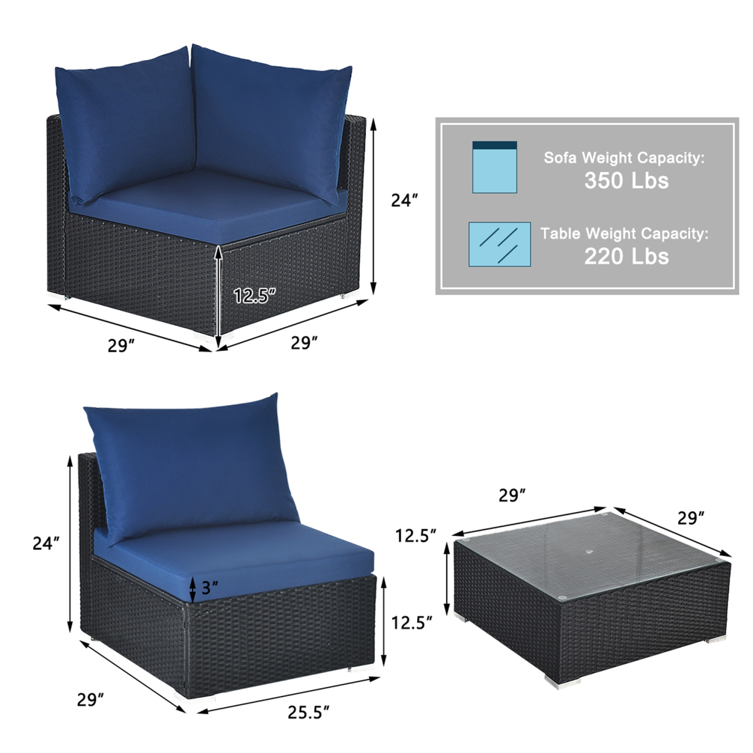 Ensemble patio 7 pièces en osier de résine avec sofa modulaire en osier de TopBuy, bleu marine/turquoise/rouge