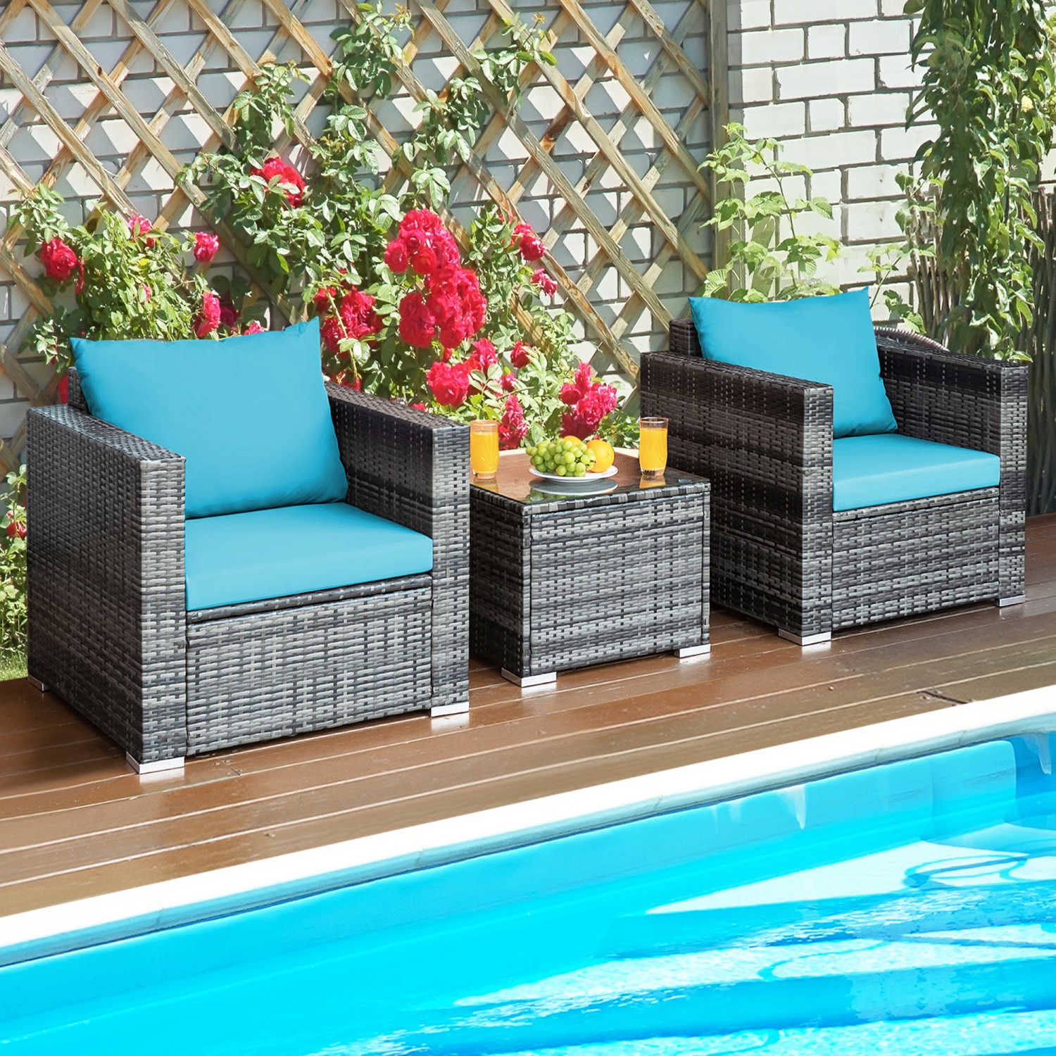 Gymax 3PCS Rattan Patio Conversation Furniture Set Outdoor Yard w/ Turquoise Cushion