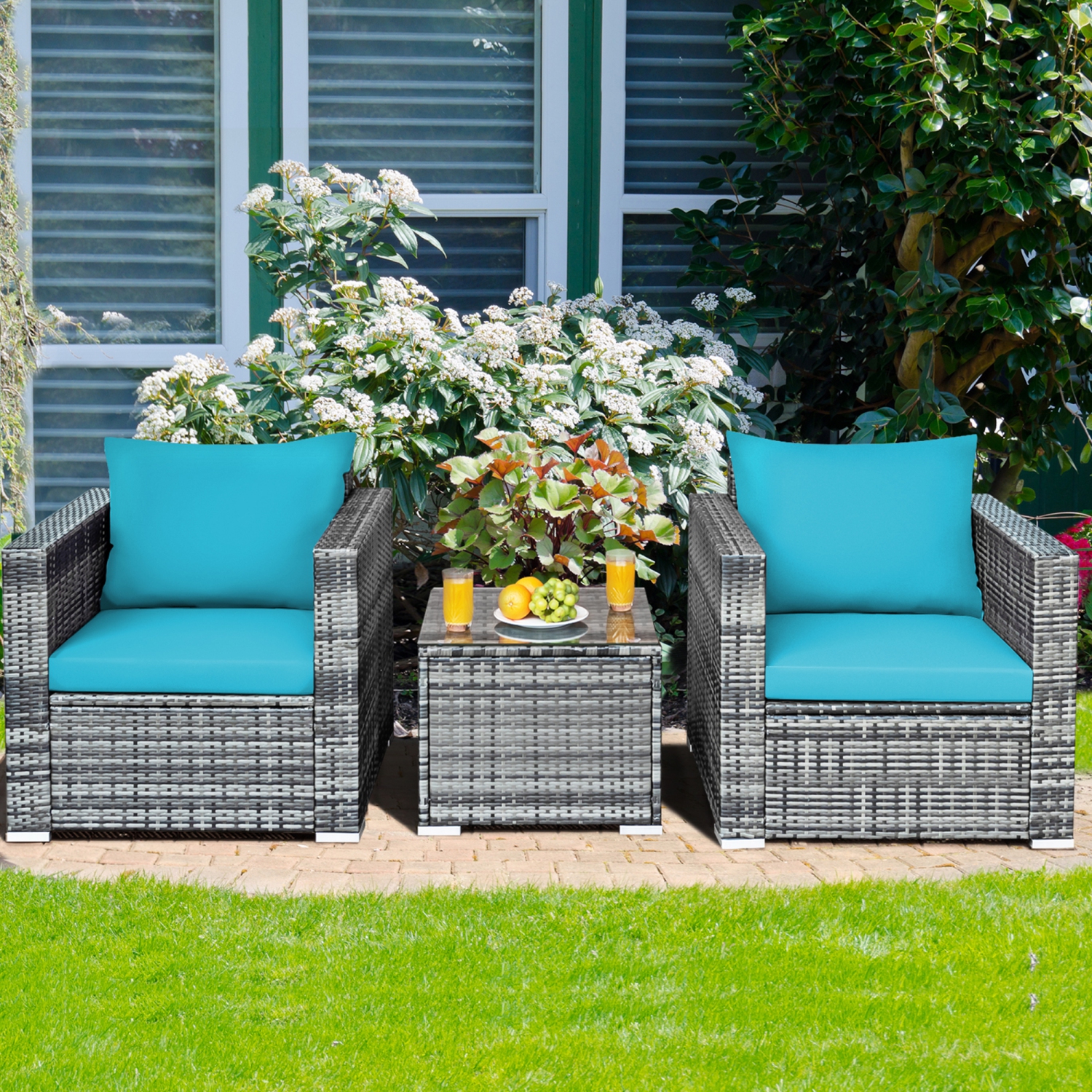Gymax 3PCS Rattan Patio Conversation Furniture Set Outdoor Yard w/ Turquoise Cushion