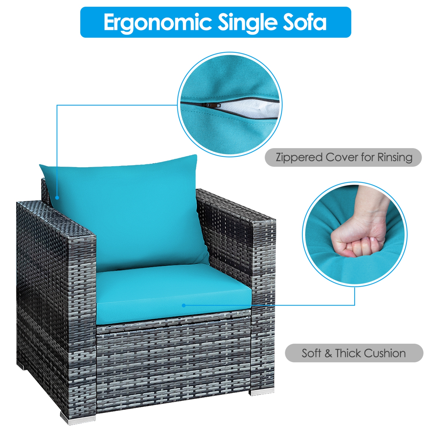 Gymax 3PCS Rattan Patio Conversation Furniture Set Outdoor Yard w/ Turquoise Cushion