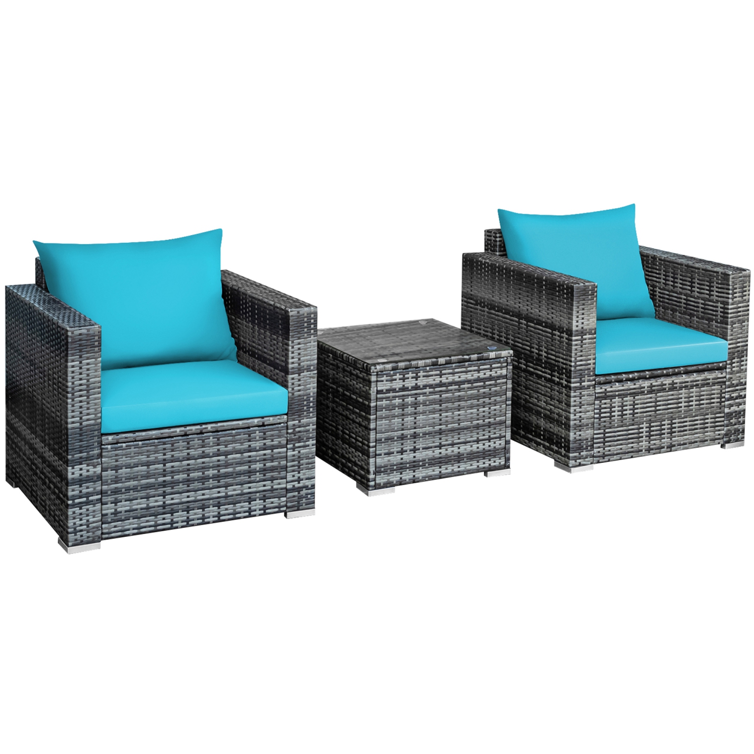Gymax 3PCS Rattan Patio Conversation Furniture Set Outdoor Yard w/ Turquoise Cushion