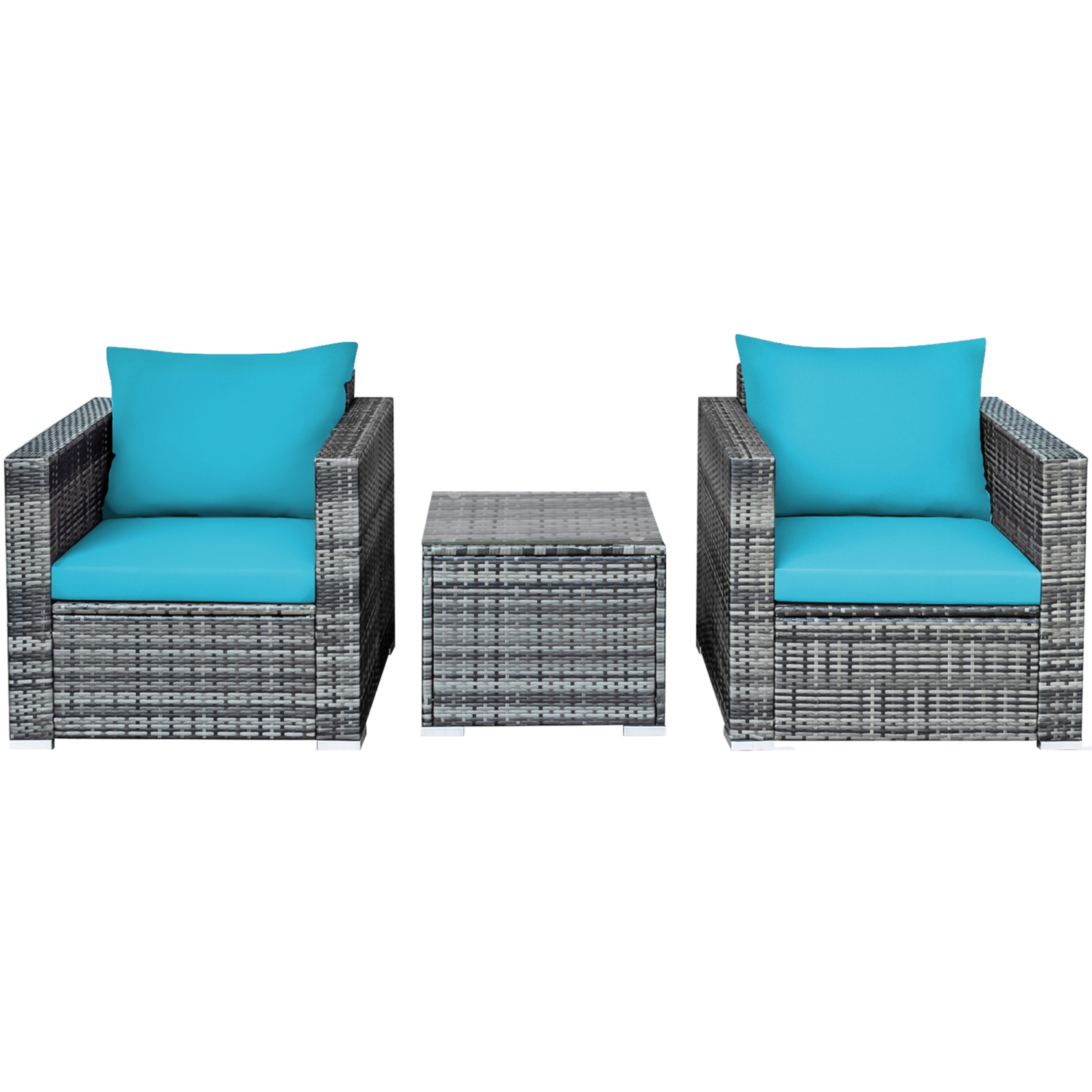 Gymax 3PCS Rattan Patio Conversation Furniture Set Outdoor Yard w/ Turquoise Cushion