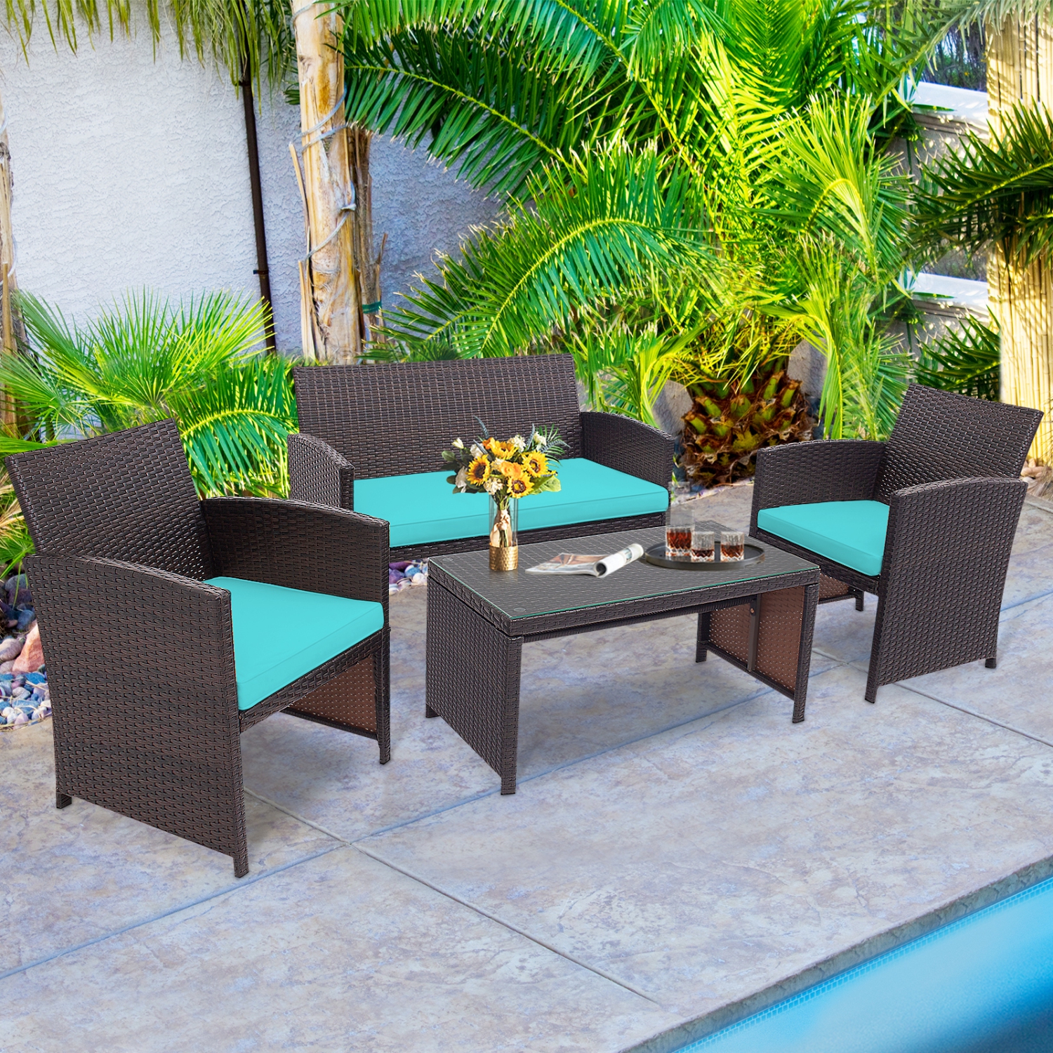 Patiojoy 8PCS Outdoor Patio Furniture Sets Weather-Resistant Rattan Sofas w/ Soft Cushion Turquoise
