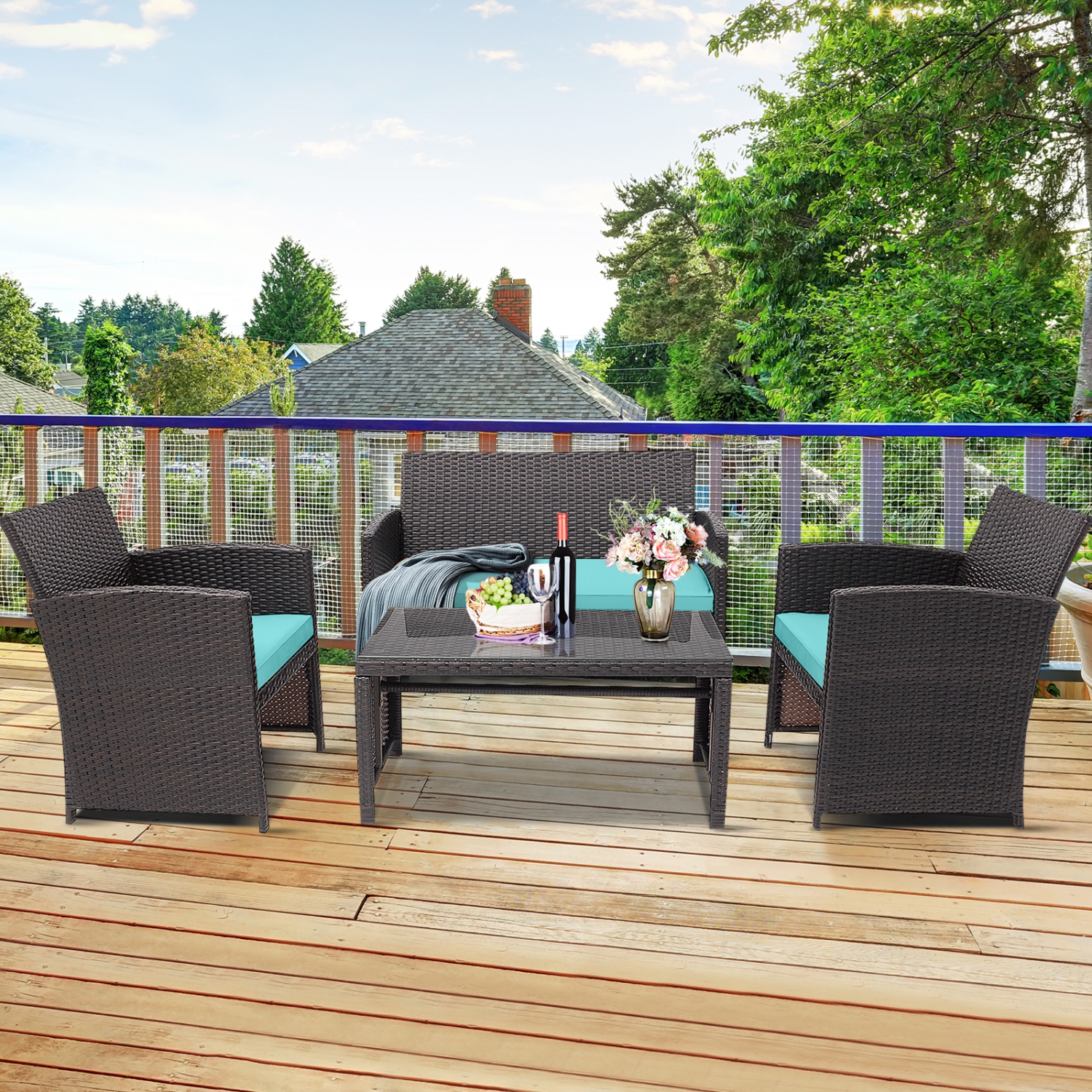 Patiojoy 8PCS Outdoor Patio Furniture Sets Weather-Resistant Rattan Sofas w/ Soft Cushion Turquoise