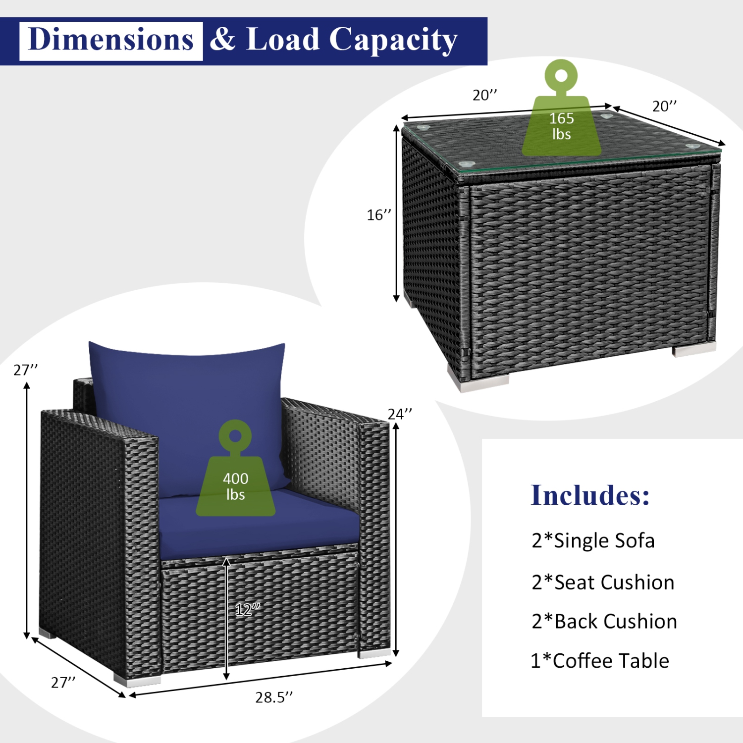 Patiojoy 3PCS Patio Rattan Furniture Conversation Set with 2 Cushioned Sofas & Coffee Table for Outdoor Red/Turquoise/Navy/White