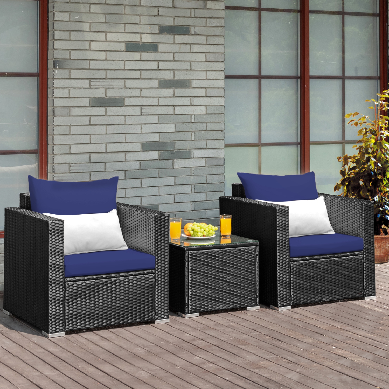 Patiojoy 3PCS Patio Rattan Furniture Conversation Set with 2 Cushioned Sofas & Coffee Table for Outdoor Red/Turquoise/Navy/White