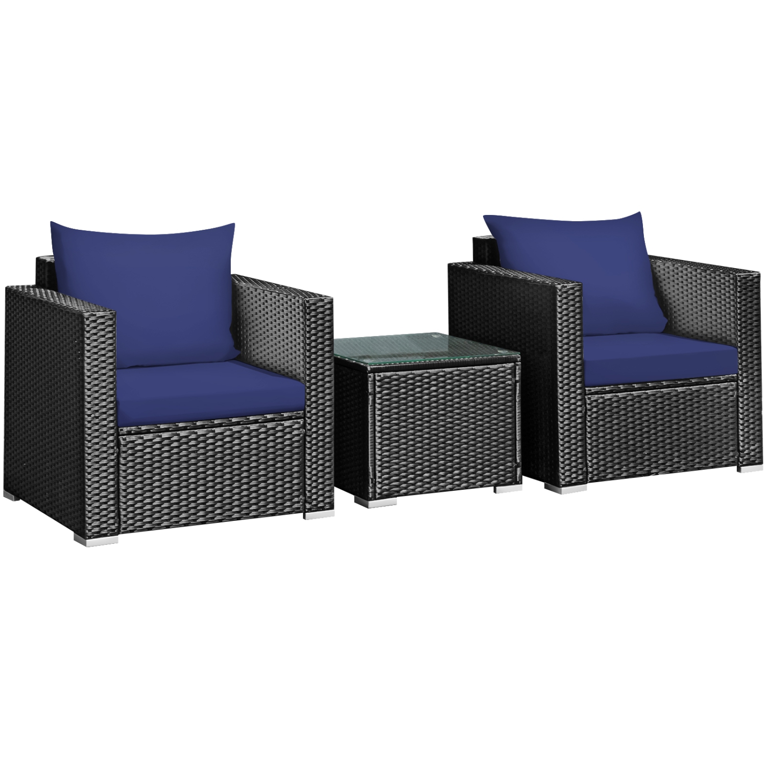Patiojoy 3PCS Patio Rattan Furniture Conversation Set with 2 Cushioned Sofas & Coffee Table for Outdoor Red/Turquoise/Navy/White