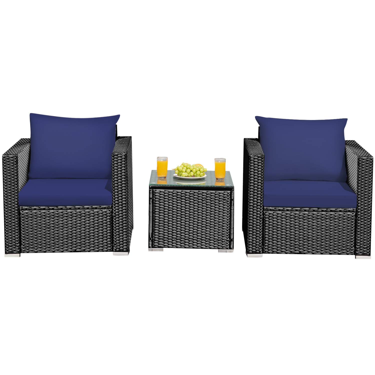 Patiojoy 3PCS Patio Rattan Furniture Conversation Set with 2 Cushioned Sofas & Coffee Table for Outdoor Red/Turquoise/Navy/White