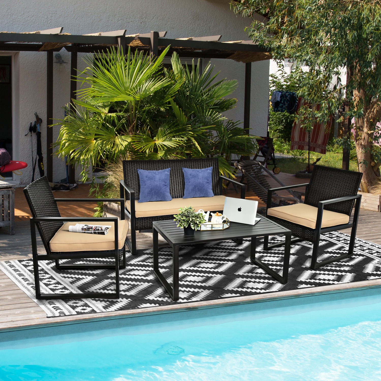 Topbuy 4/8-Piece Outdoor Wicker Sofa Set Patio Conversation Set with Coffee Table
