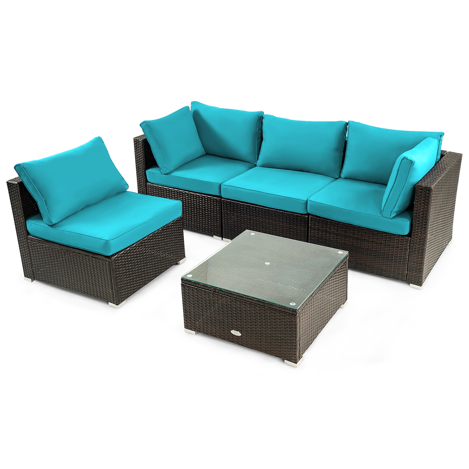 Topbuy 5PCS Rattan Patio Furniture Set Cushioned Sofa Chair Coffee Table Set Easy Assemble Red/Turquoise/White