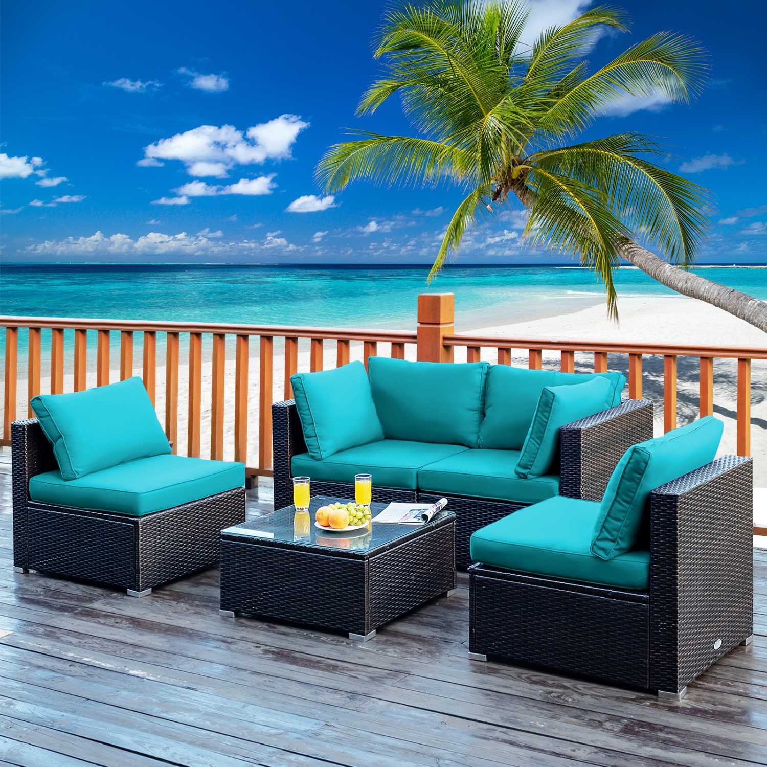 Topbuy 5PCS Rattan Patio Furniture Set Cushioned Sofa Chair Coffee Table Set Easy Assemble Red/Turquoise/White