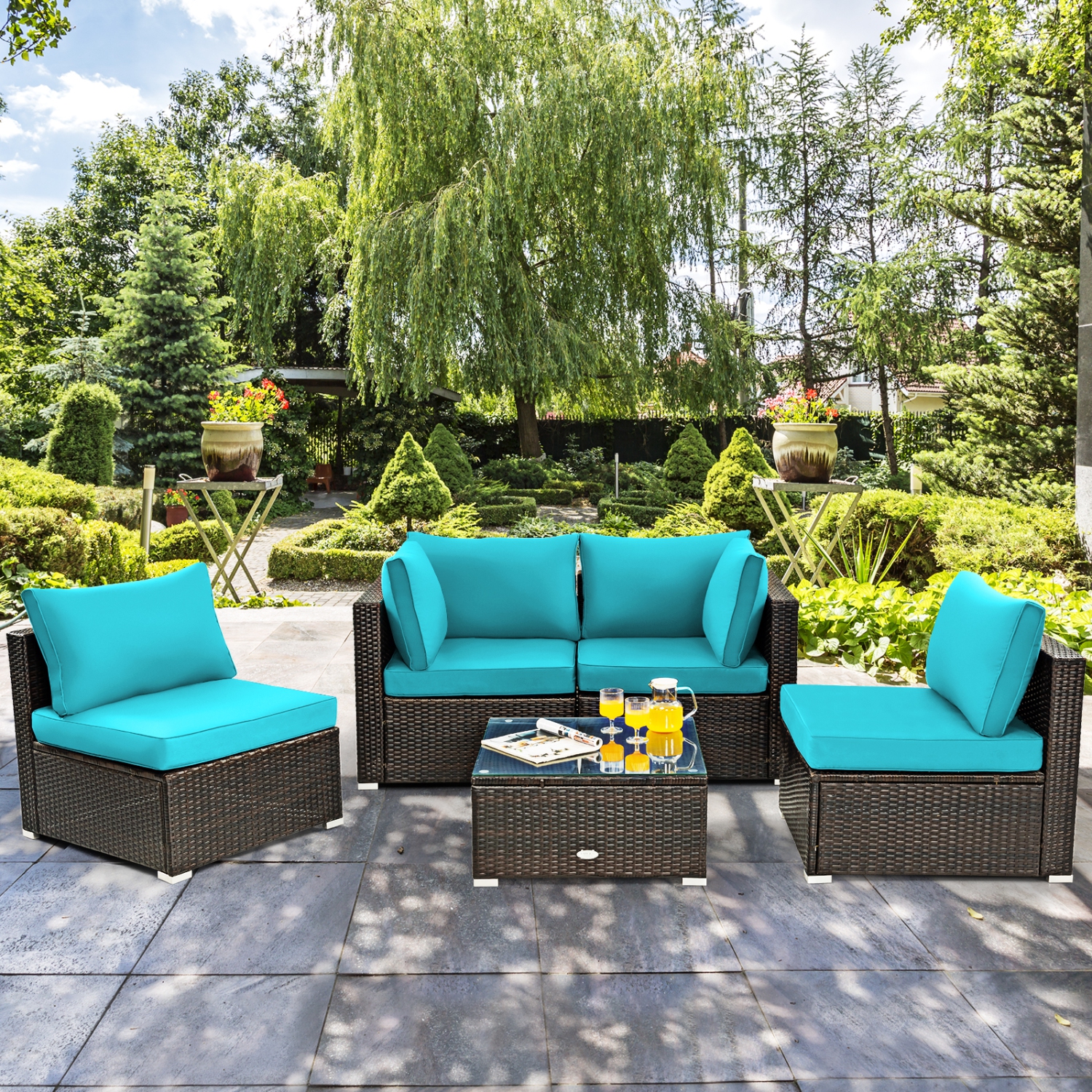 Topbuy 5PCS Rattan Patio Furniture Set Cushioned Sofa Chair Coffee Table Set Easy Assemble Red/Turquoise/White
