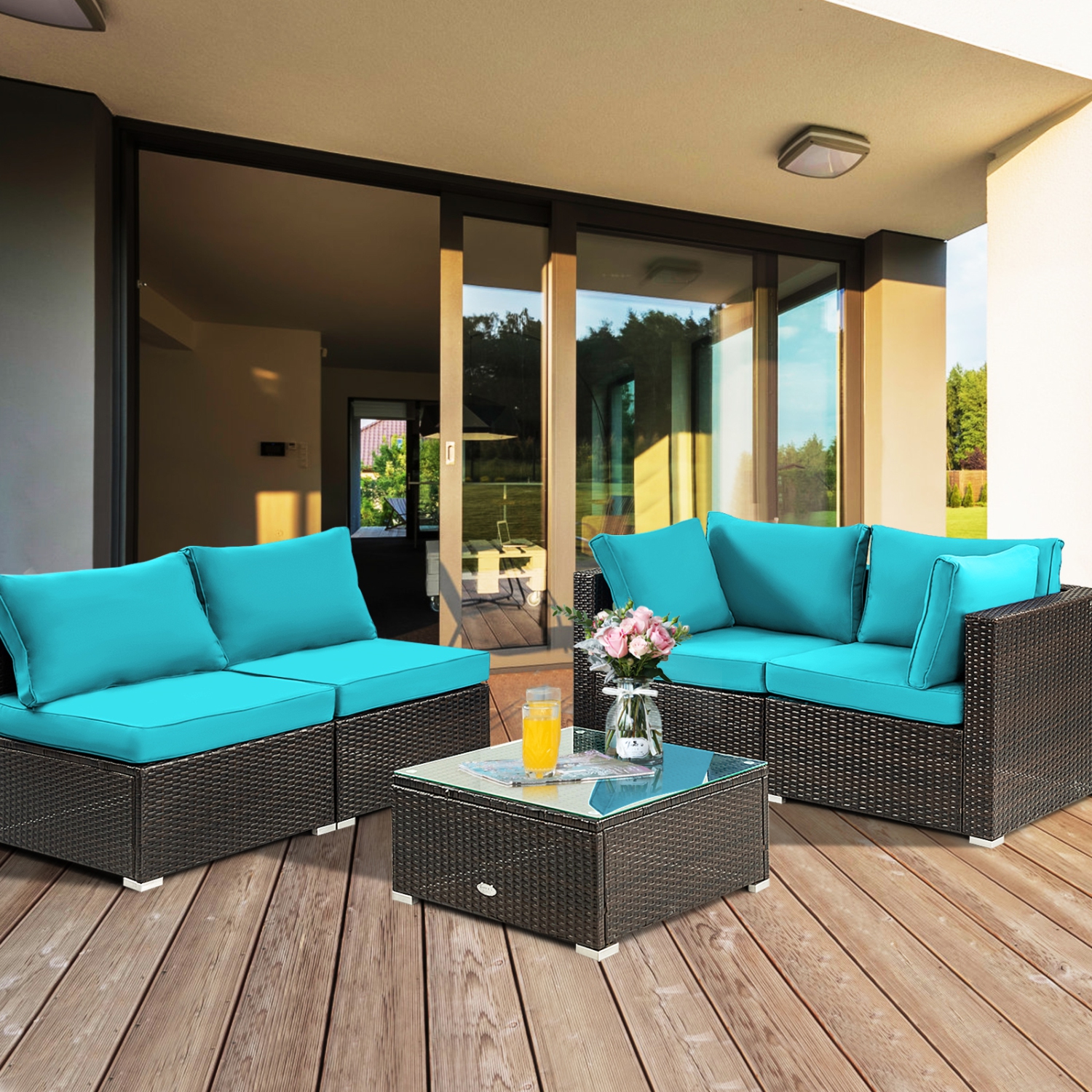 Topbuy 5PCS Rattan Patio Furniture Set Cushioned Sofa Chair Coffee Table Set Easy Assemble Red/Turquoise/White