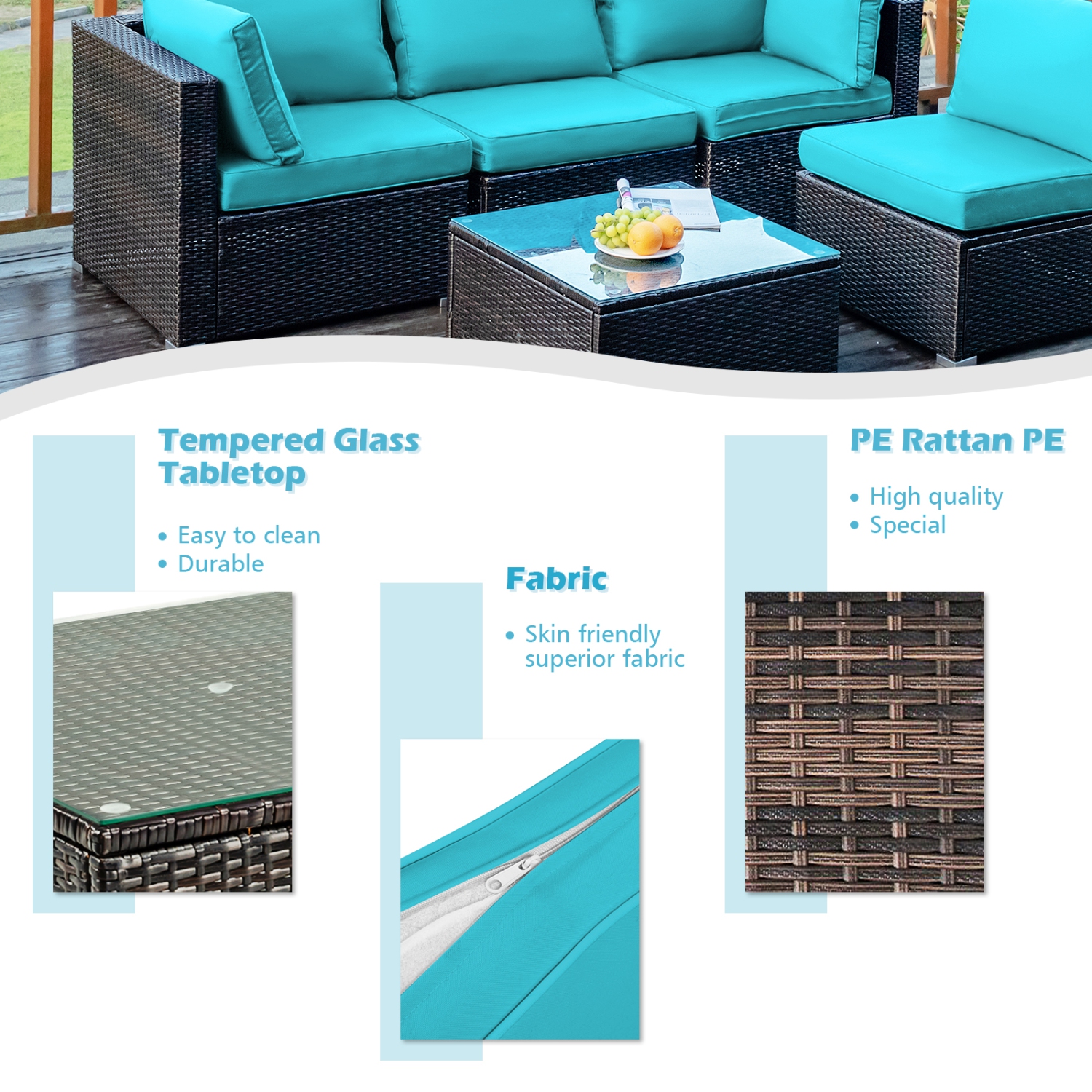 Topbuy 5PCS Rattan Patio Furniture Set Cushioned Sofa Chair Coffee Table Set Easy Assemble Red/Turquoise/White