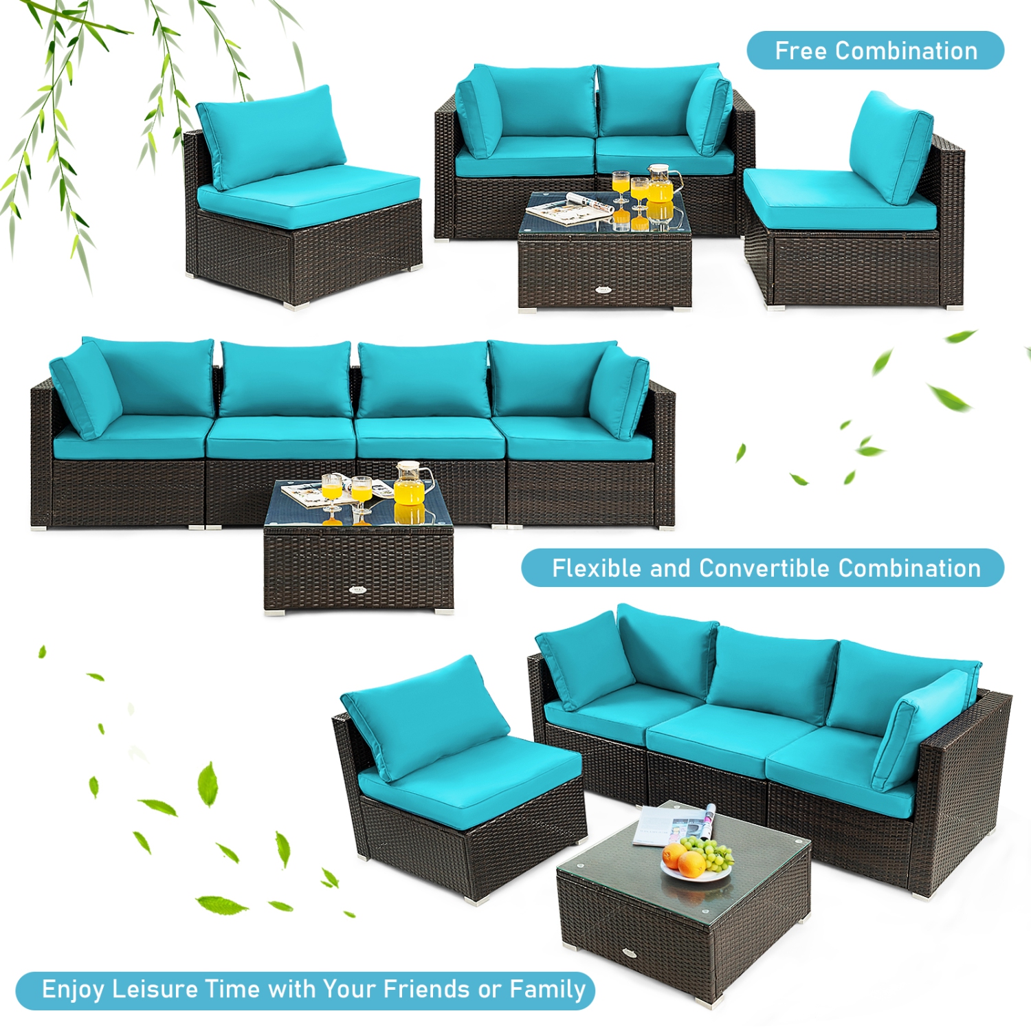 Topbuy 5PCS Rattan Patio Furniture Set Cushioned Sofa Chair Coffee Table Set Easy Assemble Red/Turquoise/White