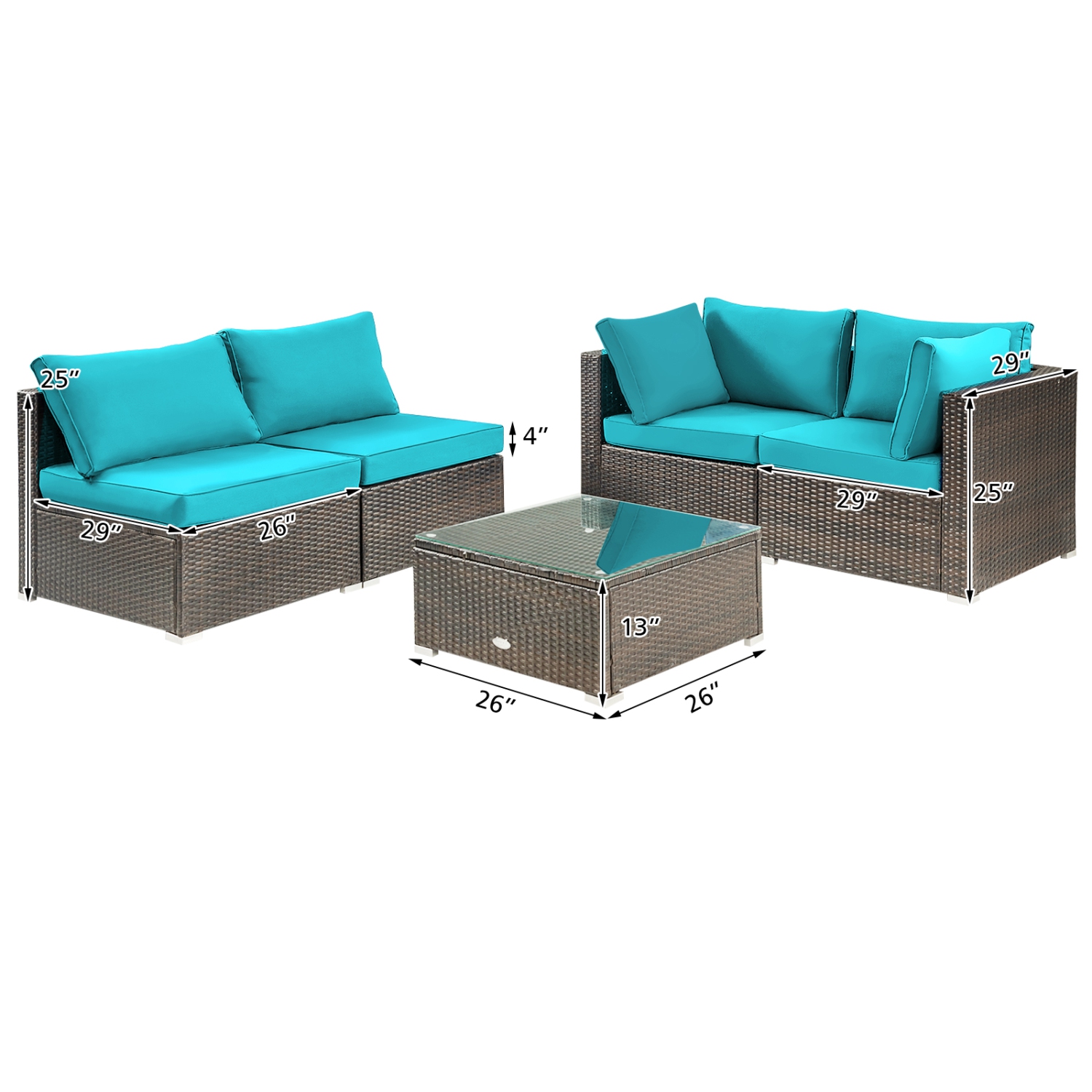 Topbuy 5PCS Rattan Patio Furniture Set Cushioned Sofa Chair Coffee Table Set Easy Assemble Red/Turquoise/White