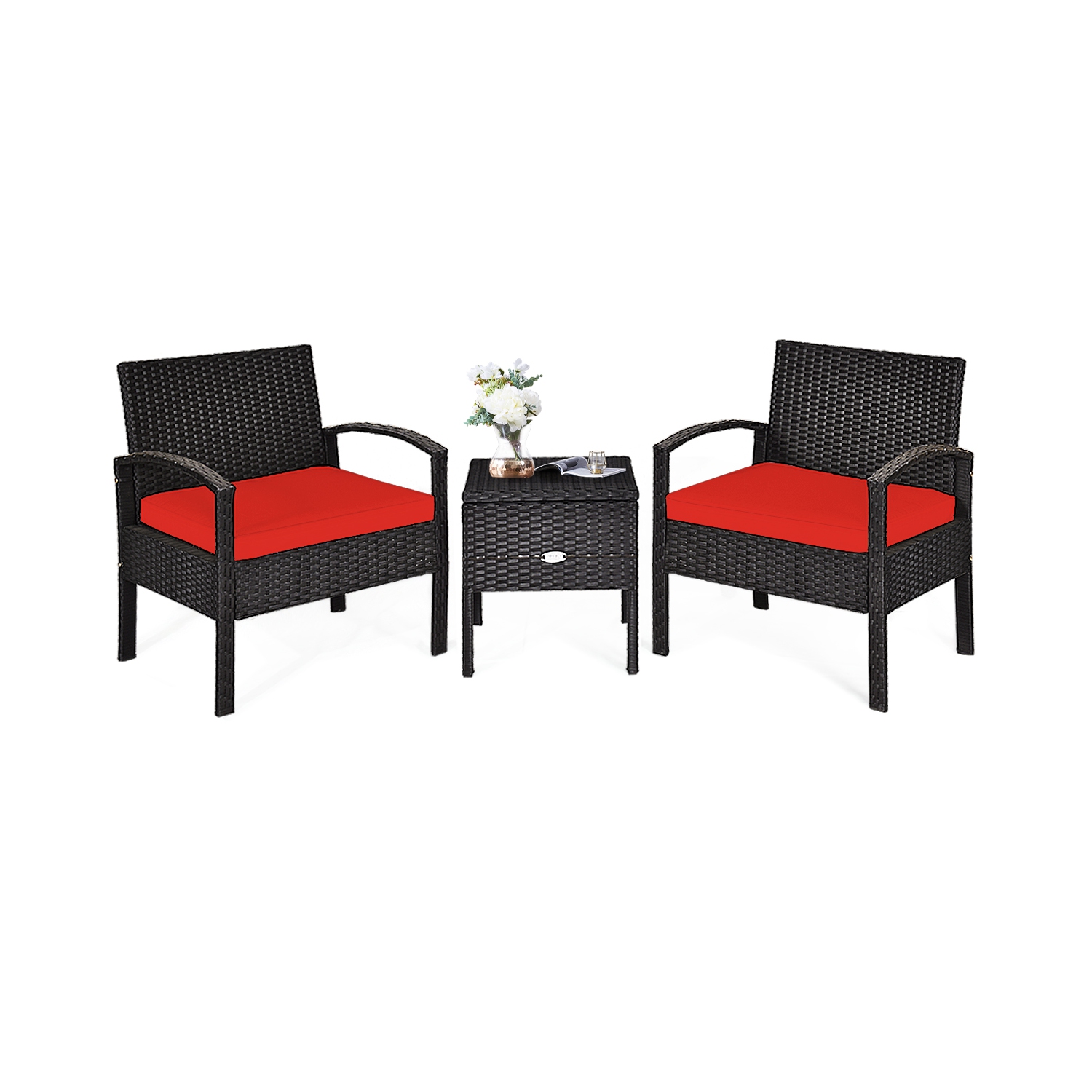Topbuy 3-Piece Patio Wicker Storage Table & Chair Set Outdoor Conversation Set Red/Turquoise
