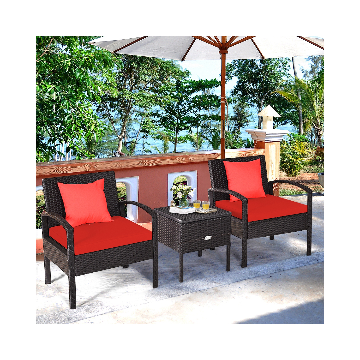 Topbuy 3-Piece Patio Wicker Storage Table & Chair Set Outdoor Conversation Set Red/Turquoise