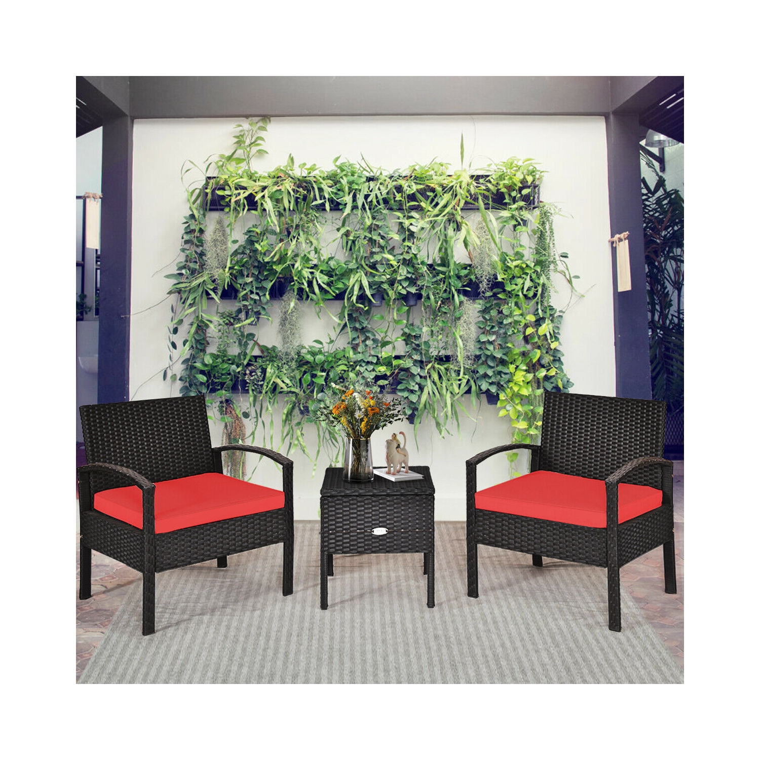 Topbuy 3-Piece Patio Wicker Storage Table & Chair Set Outdoor Conversation Set Red/Turquoise