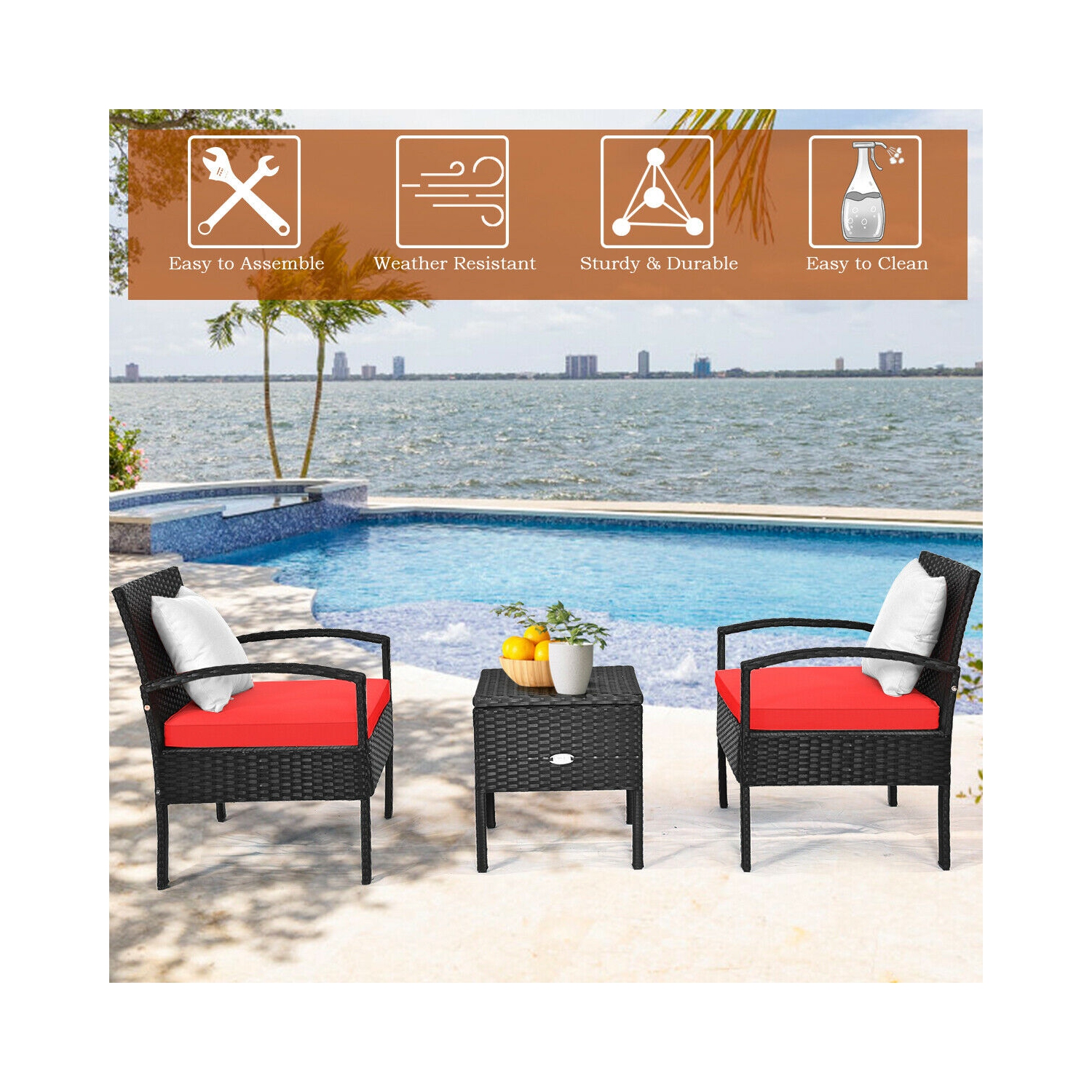 Topbuy 3-Piece Patio Wicker Storage Table & Chair Set Outdoor Conversation Set Red/Turquoise