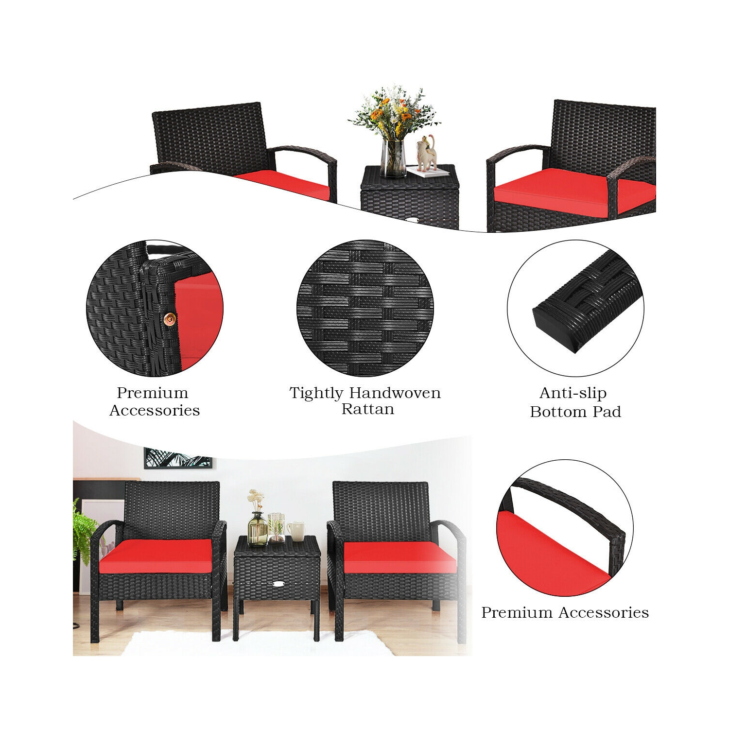 Topbuy 3-Piece Patio Wicker Storage Table & Chair Set Outdoor Conversation Set Red/Turquoise