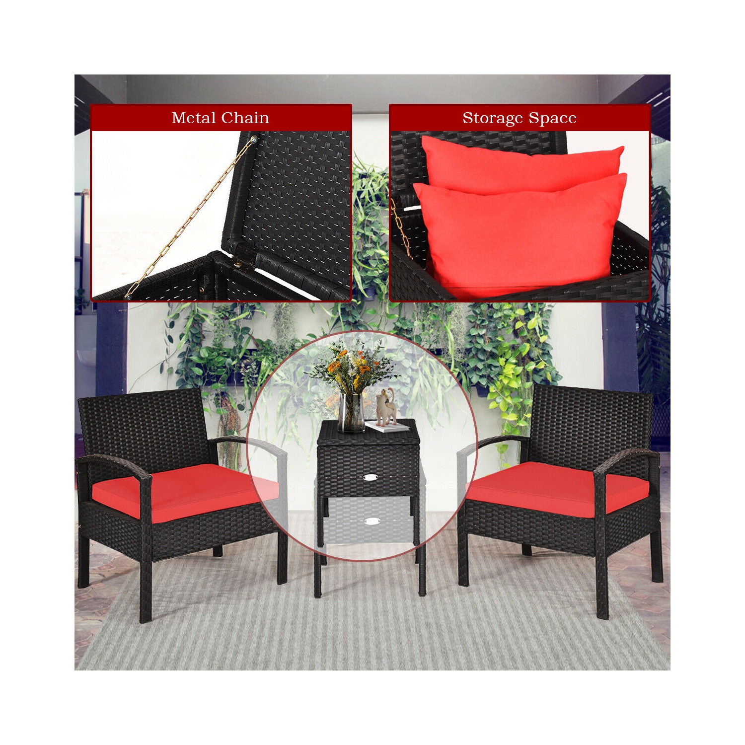 Topbuy 3-Piece Patio Wicker Storage Table & Chair Set Outdoor Conversation Set Red/Turquoise