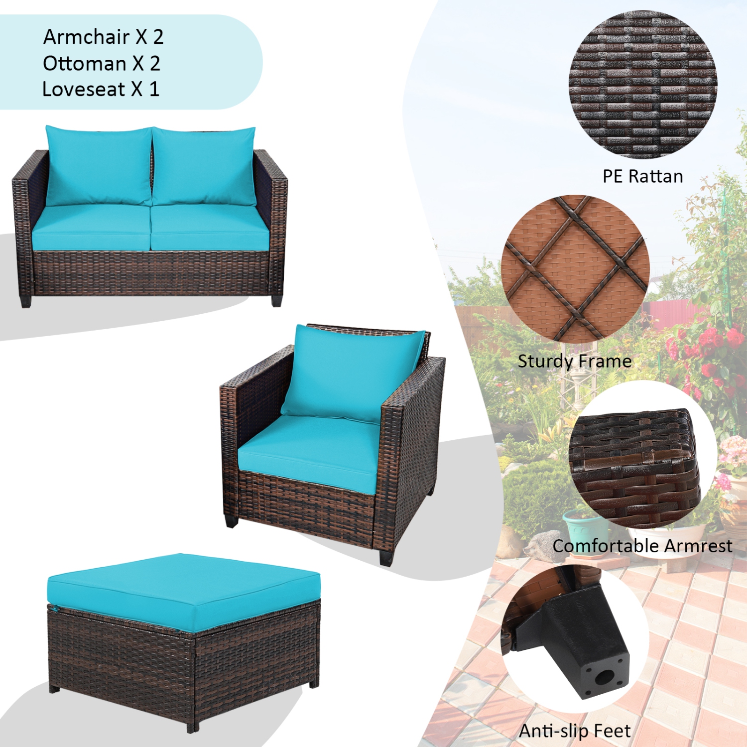 Topbuy 5 Pieces Patio Furniture Set Sectional Wicker Sofa Conversation Set with Removable Cushions White/Navy/Red/Turquoise