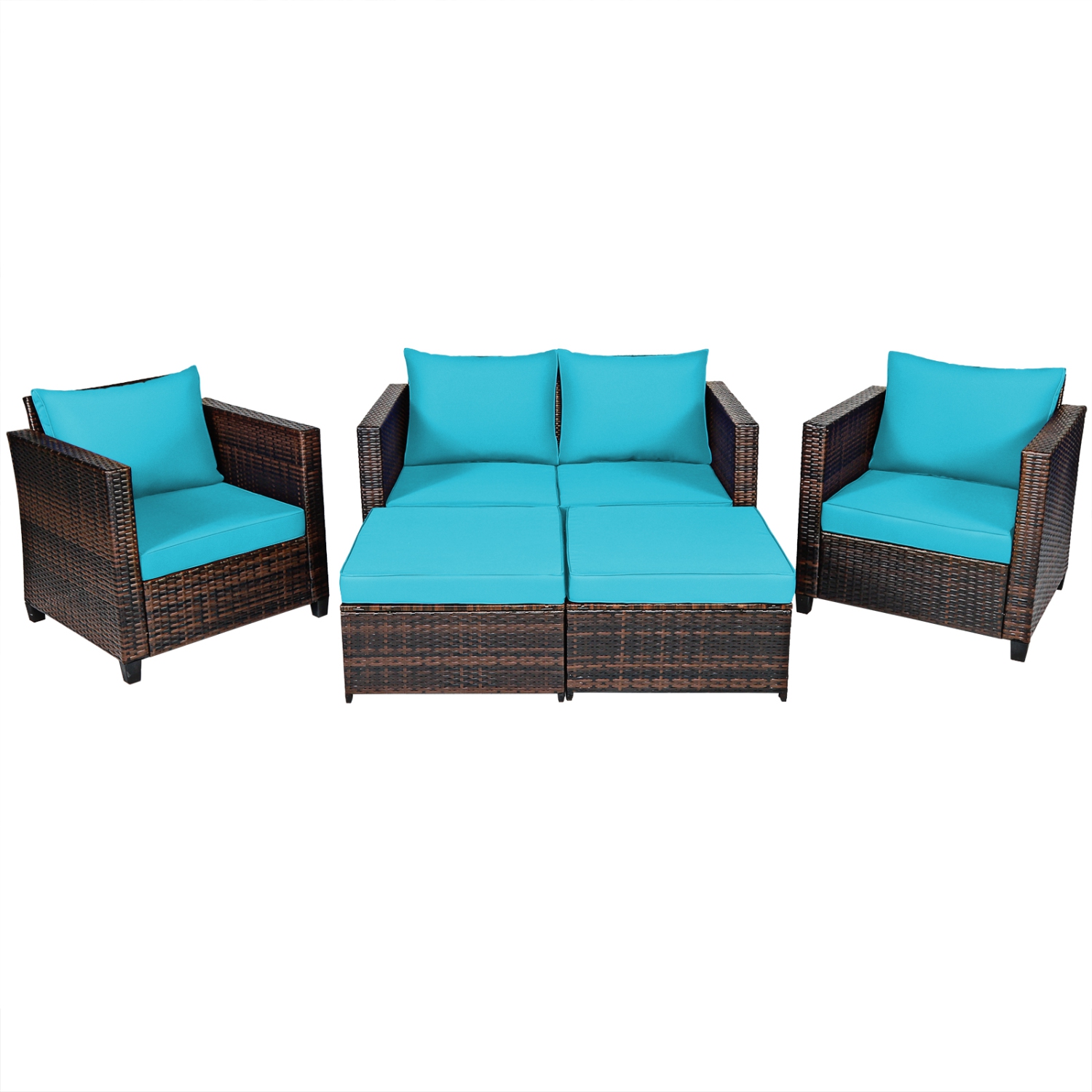 Topbuy 5 Pieces Patio Furniture Set Sectional Wicker Sofa Conversation Set with Removable Cushions White/Navy/Red/Turquoise