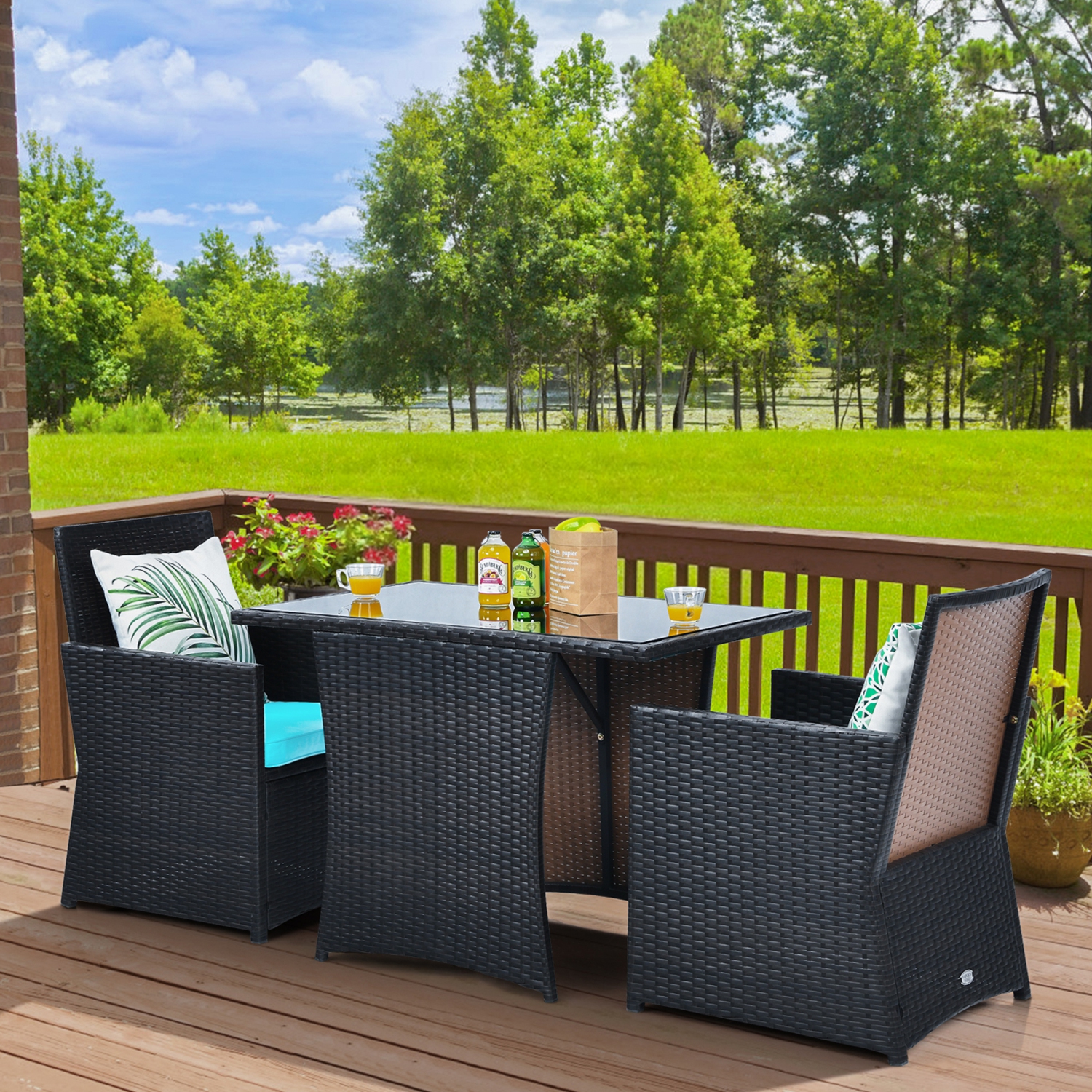Gymax 3PCS Patio Wicker Bistro Set PE Rattan Dining Table Set w/ Turquoise Cushions