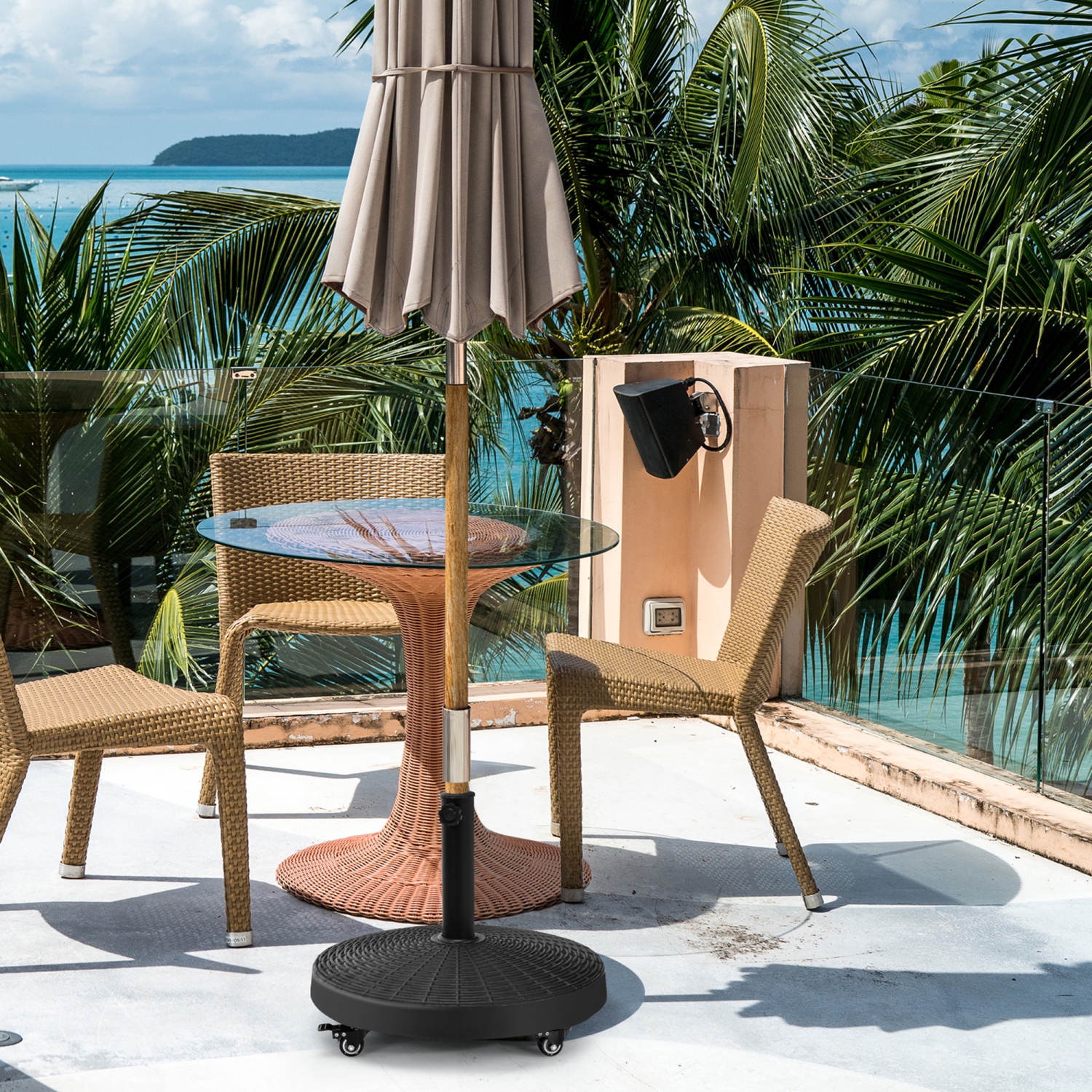 Gymax 50 lbs Round Resin Patio Umbrella Base Stand Holder w/ Lockable Wheels