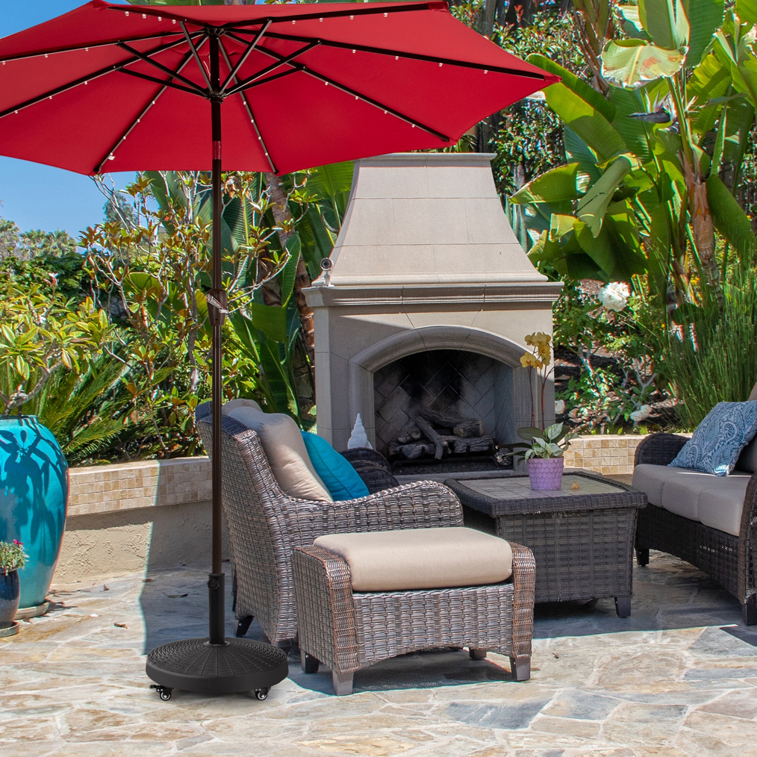 Gymax 50 lbs Round Resin Patio Umbrella Base Stand Holder w/ Lockable Wheels