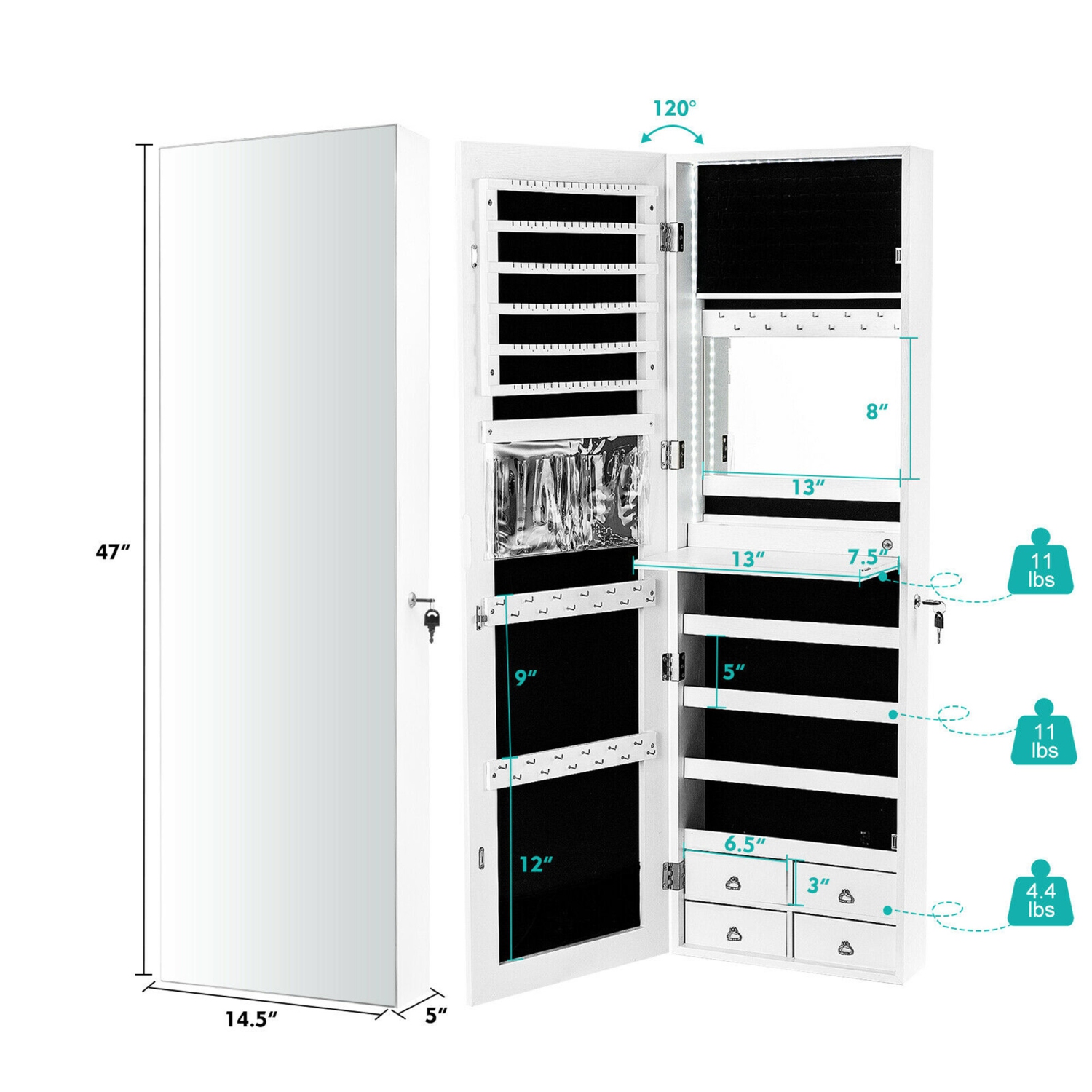 Gymax Mirror Jewelry Cabinet 96 LED Lights Wall Door Mounted Armoire w/ Makeup Rack