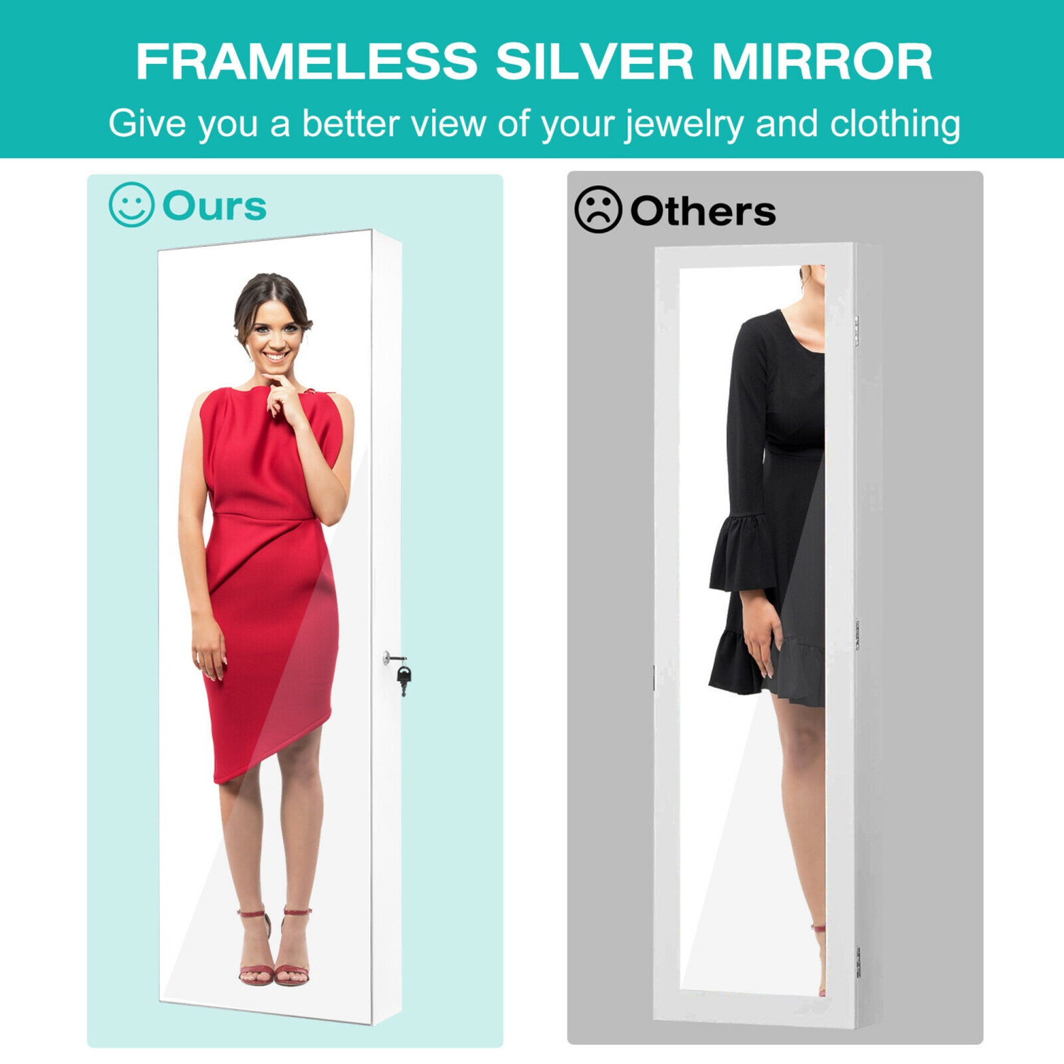 Gymax Mirror Jewelry Cabinet 96 LED Lights Wall Door Mounted Armoire w/ Makeup Rack