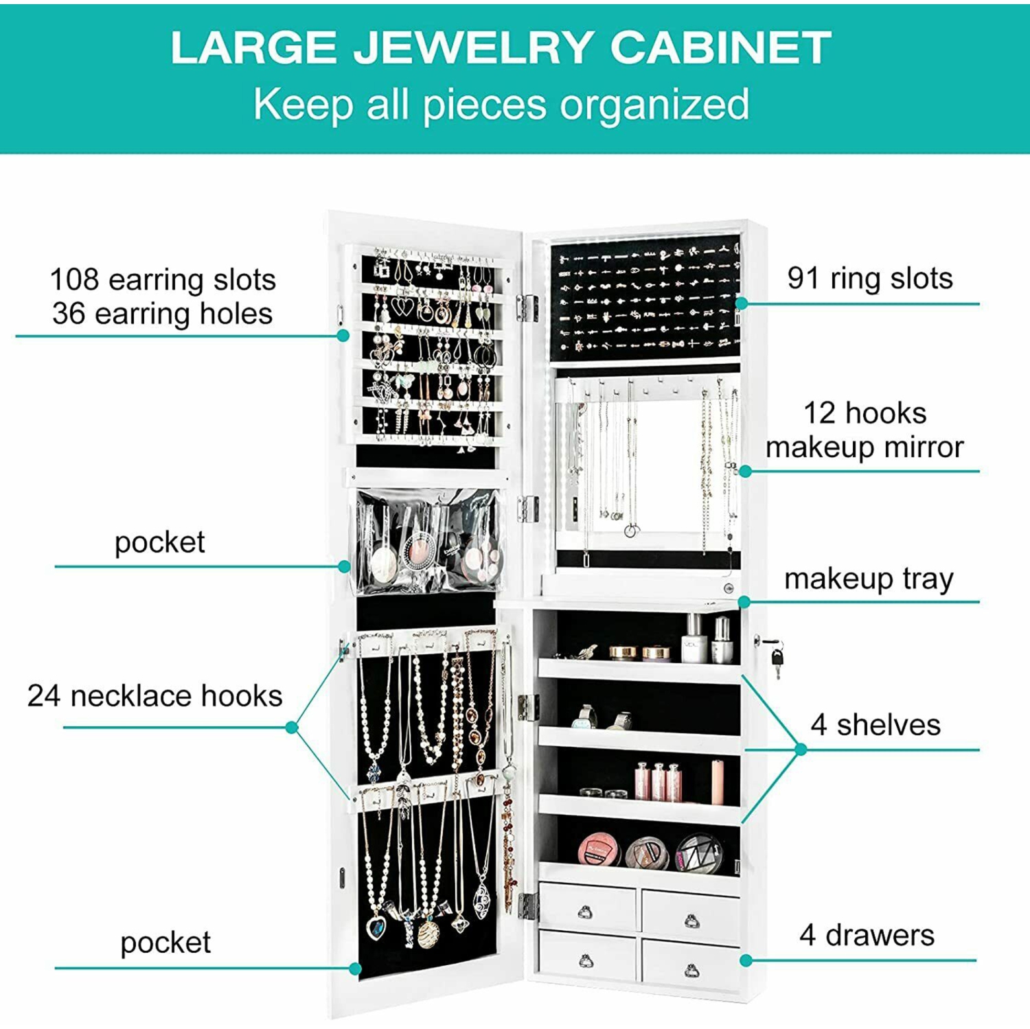 Gymax Mirror Jewelry Cabinet 96 LED Lights Wall Door Mounted Armoire w/ Makeup Rack