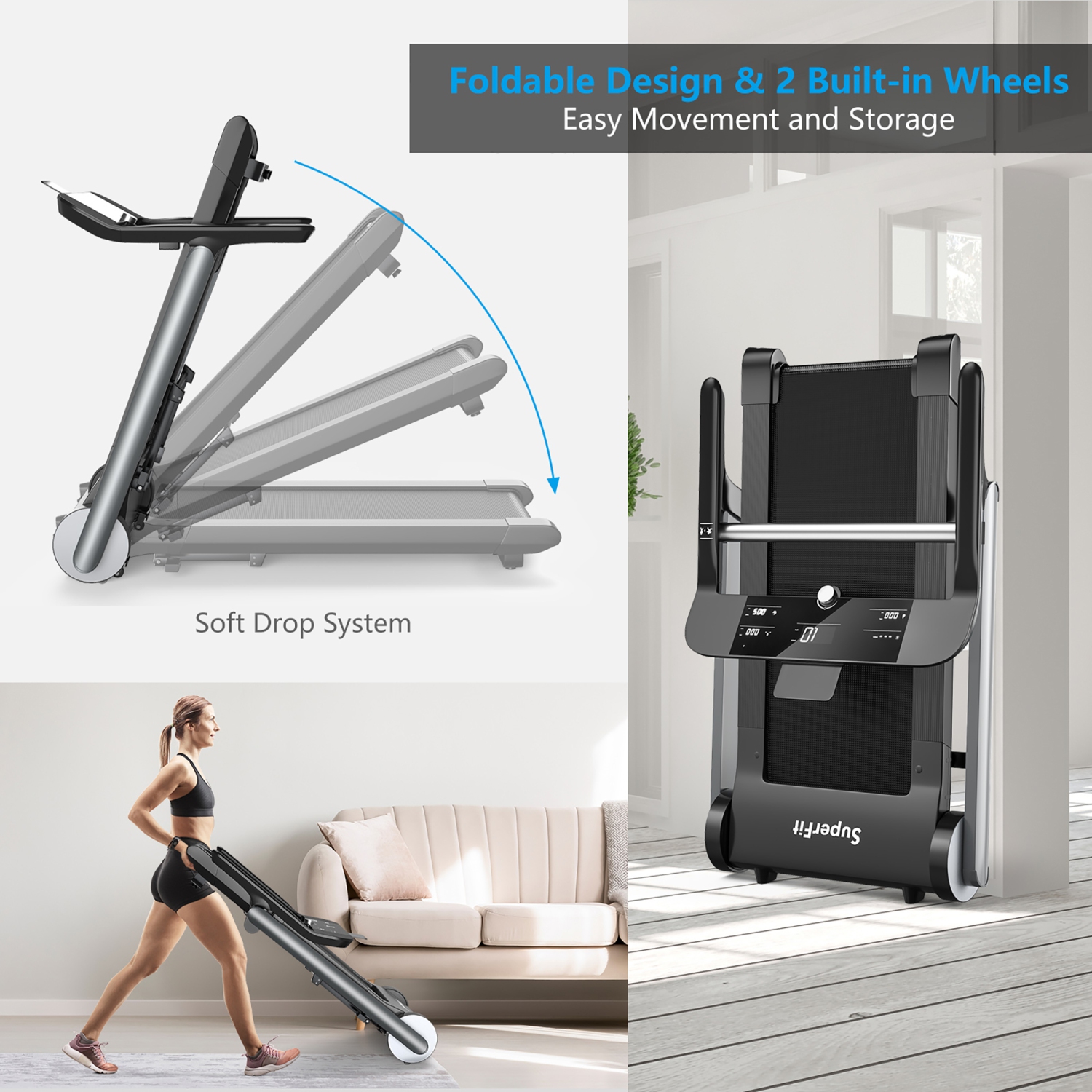 Tapis Roulant Pliant Électrique de Marque Superfit Machine de Jogging Bluetooth 10 Programmes Préréglés