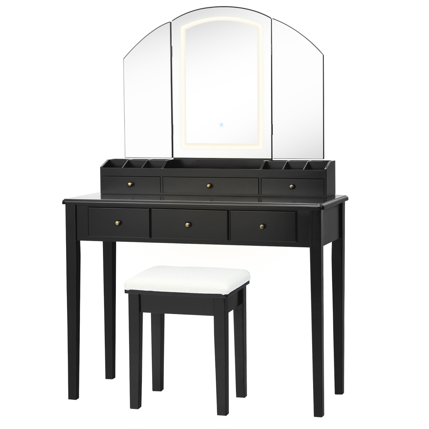 Costway Vanity Table Stool Set Large Tri-folding Lighted Mirror 6 Drawer Dresser