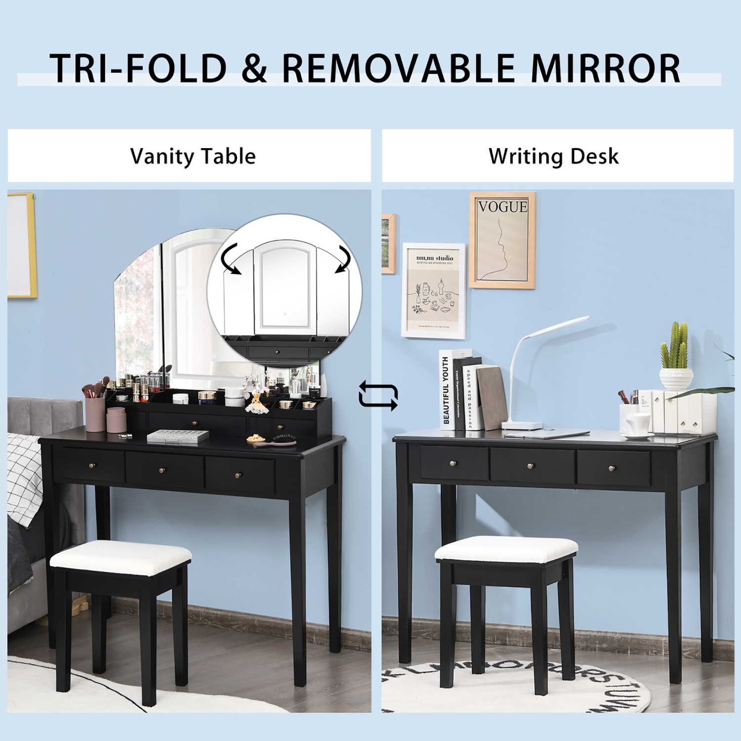 Costway Vanity Table Stool Set Large Tri-folding Lighted Mirror 6 Drawer Dresser