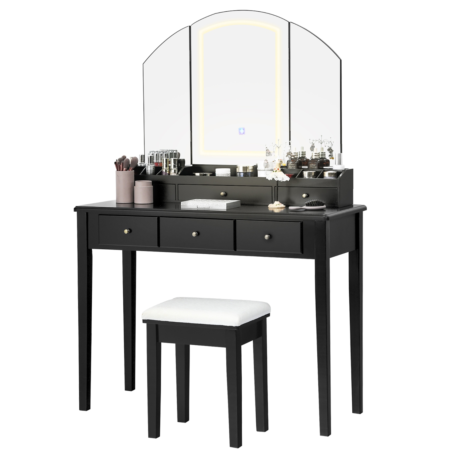 Costway Vanity Table Stool Set Large Tri-folding Lighted Mirror 6 Drawer Dresser